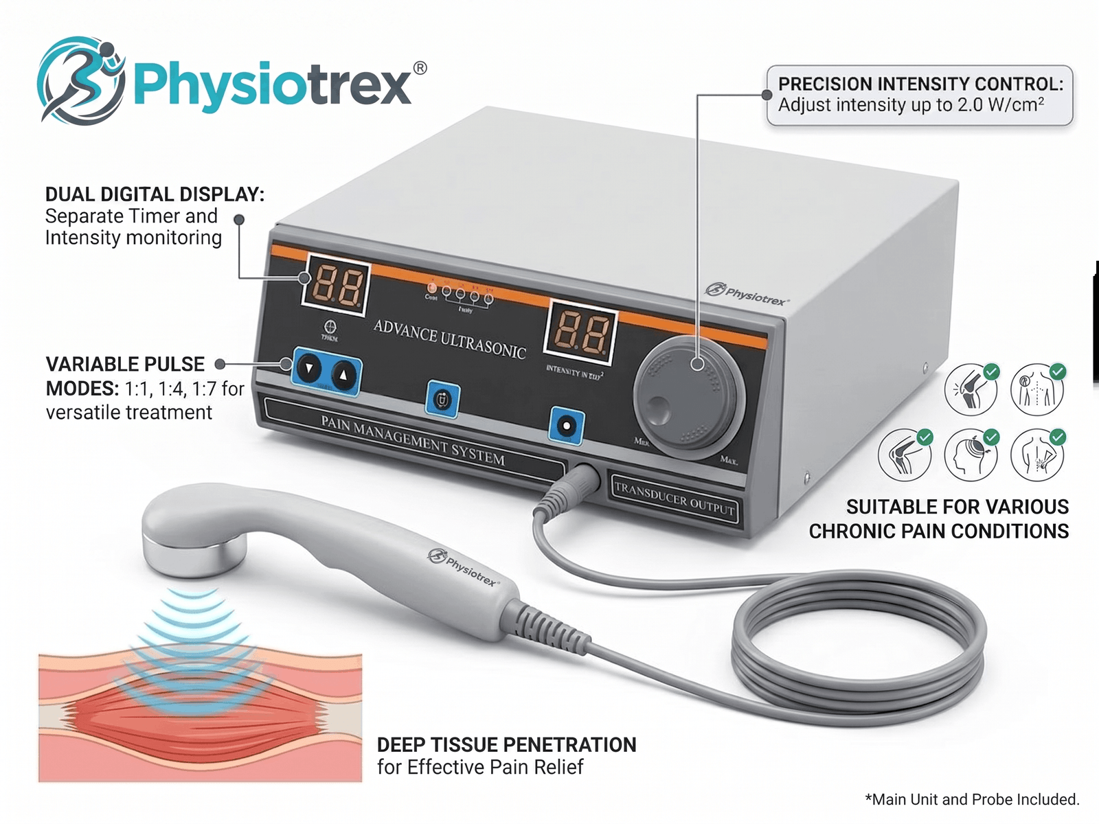 Physiotrex Advanced Restore O Sonic Ultrasound Modality Machine 1 Mhz for Recovery Support - Physiotrex Clinical Equipment