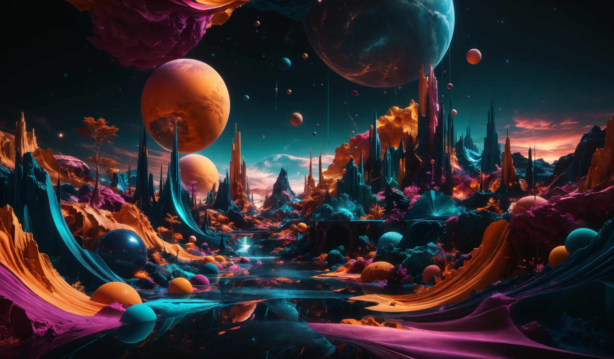 The image showcases a vibrant and surreal landscape. It features a myriad of colors, including deep blues, fiery oranges, and rich purples. The landscape is adorned with towering spires and structures that seem to be made of crystalline or glass-like materials. These structures are surrounded by flowing water, which reflects the surrounding environment. The sky is filled with a myria of celestial bodies, including planets and moons, some of which are in close proximity to the landscape. The overall ambiance of the image is dreamlike and otherworldly.