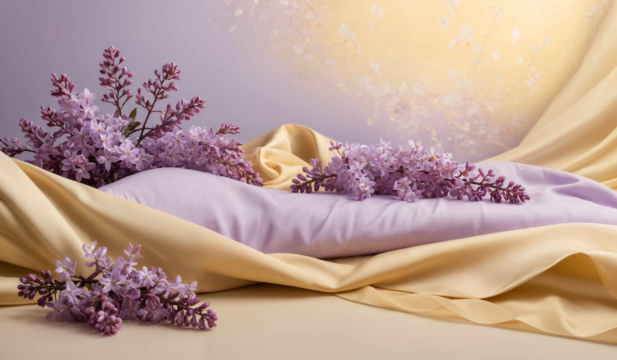 The image showcases a beautiful arrangement of lilac flowers. The flowers are in clusters, with delicate purple petals and small green buds at the tips. They are placed on a soft, flowing fabric that transitions from a light lavender to a golden hue. The background has a muted purple tone with subtle floral patterns. The overall ambiance of the image is serene and elegant, evoking feelings of tranquility and beauty.