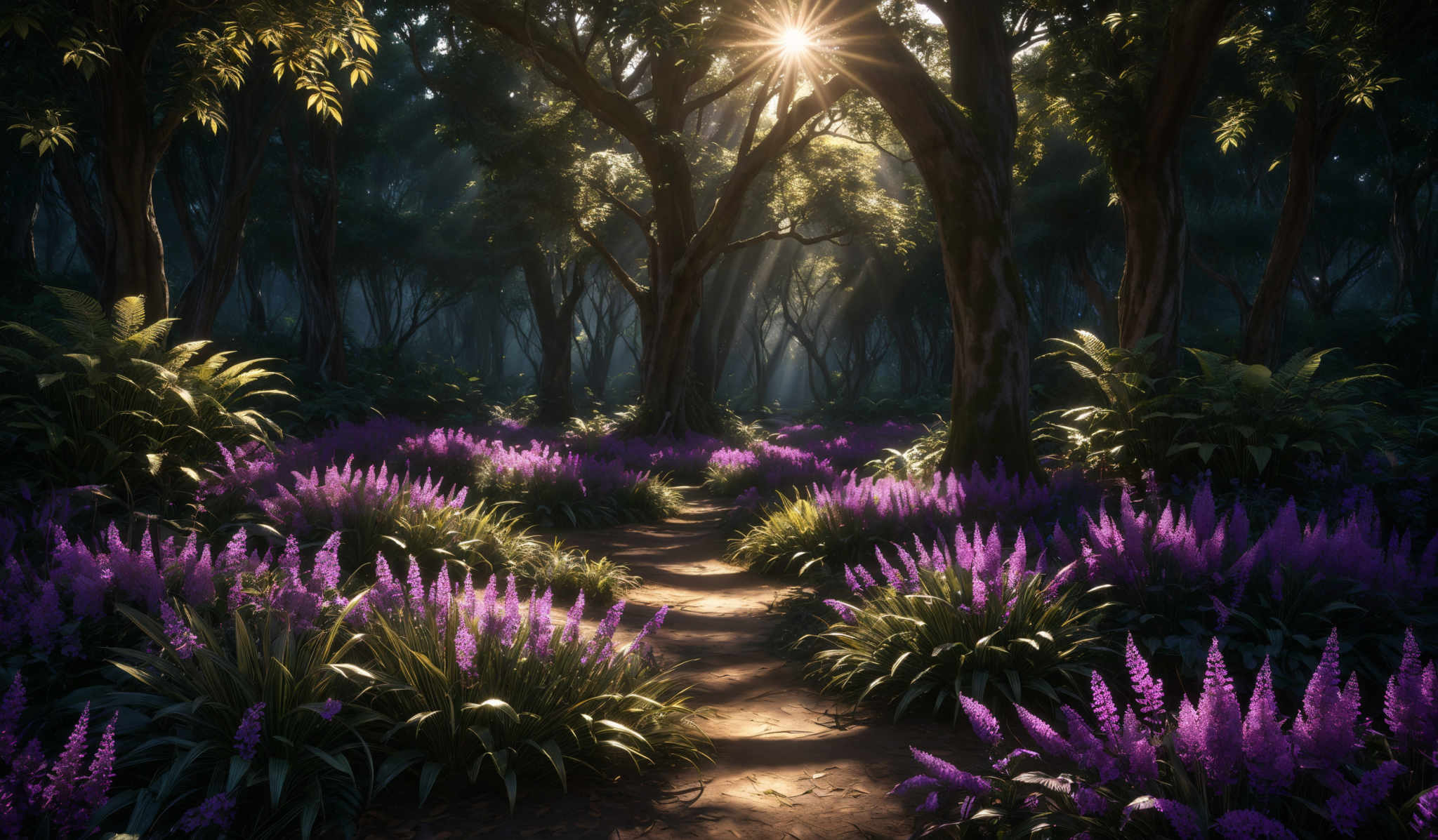 The image showcases a serene forest scene. The dominant colors are shades of green from the foliage and purple from the flowers. The trees have a tall and slender shape, with their trunks and branches intricately detailed. The ground is covered with a mix of green grass and purplish flowers, leading to a dirt path. Sunlight filters through the trees, casting a warm glow and creating a beautiful play of shadows and light.