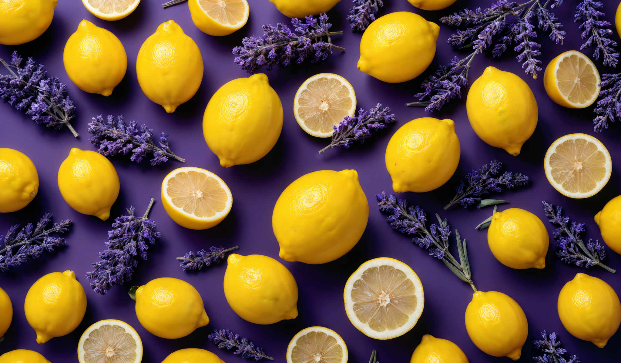 The image showcases a vibrant display of lemons and lemon slices against a deep purple background. The lemons are round with a bright yellow hue, and some of them are sliced in half, revealing the juicy white interior. Interspersed among the lemons, there are sprigs of lavender, which are purple and have small, delicate flowers.