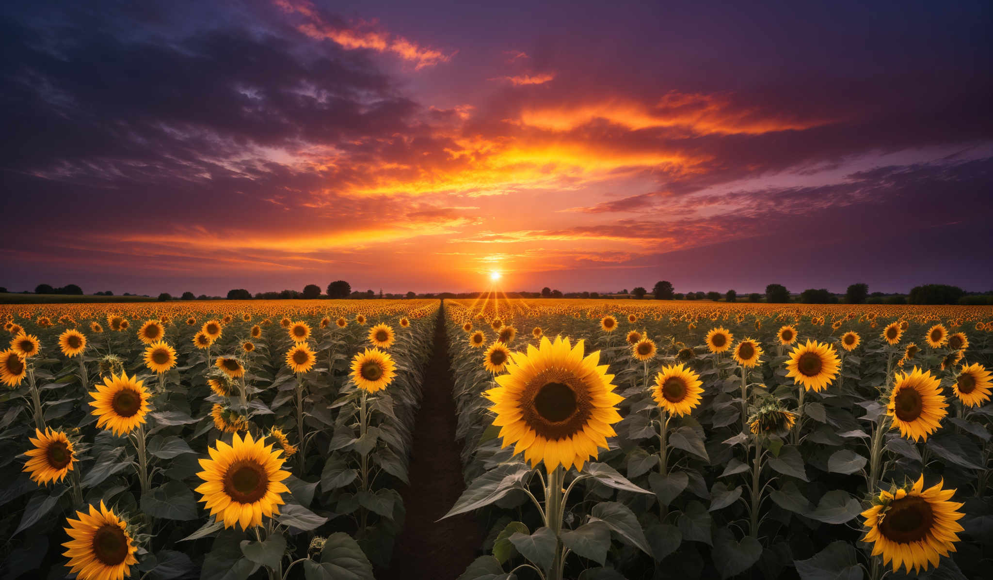 The image showcases a vast field of sunflowers stretching to the horizon. The sunflower heads are bright yellow with dark brown centers. The leaves are green and appear to be thick and sturdy. The sky above is a breathtaking display of colors, transitioning from deep purples and blues at the top to fiery oranges and reds near the horizon, where the sun is setting. The clouds are scattered, adding depth and texture to the sky.