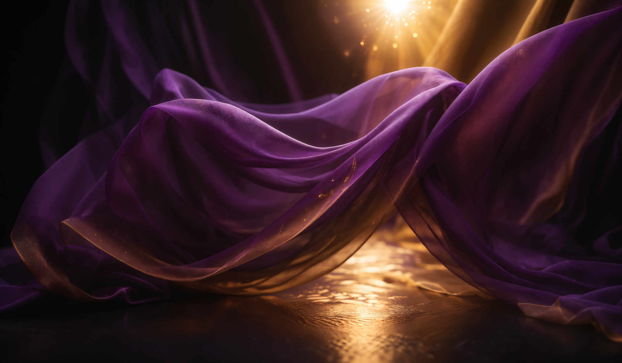 The image showcases a flowing, translucent fabric in shades of purple and gold. The fabric appears to be draped and billows in a graceful manner, creating a sense of movement and fluidity. The background is dark, which accentuates the vibrant colors of the fabric. There's a bright light source, possibly a sun or a spotlight, shining from the top right corner, casting a warm glow and creating a luminous effect on the fabric and the water below.