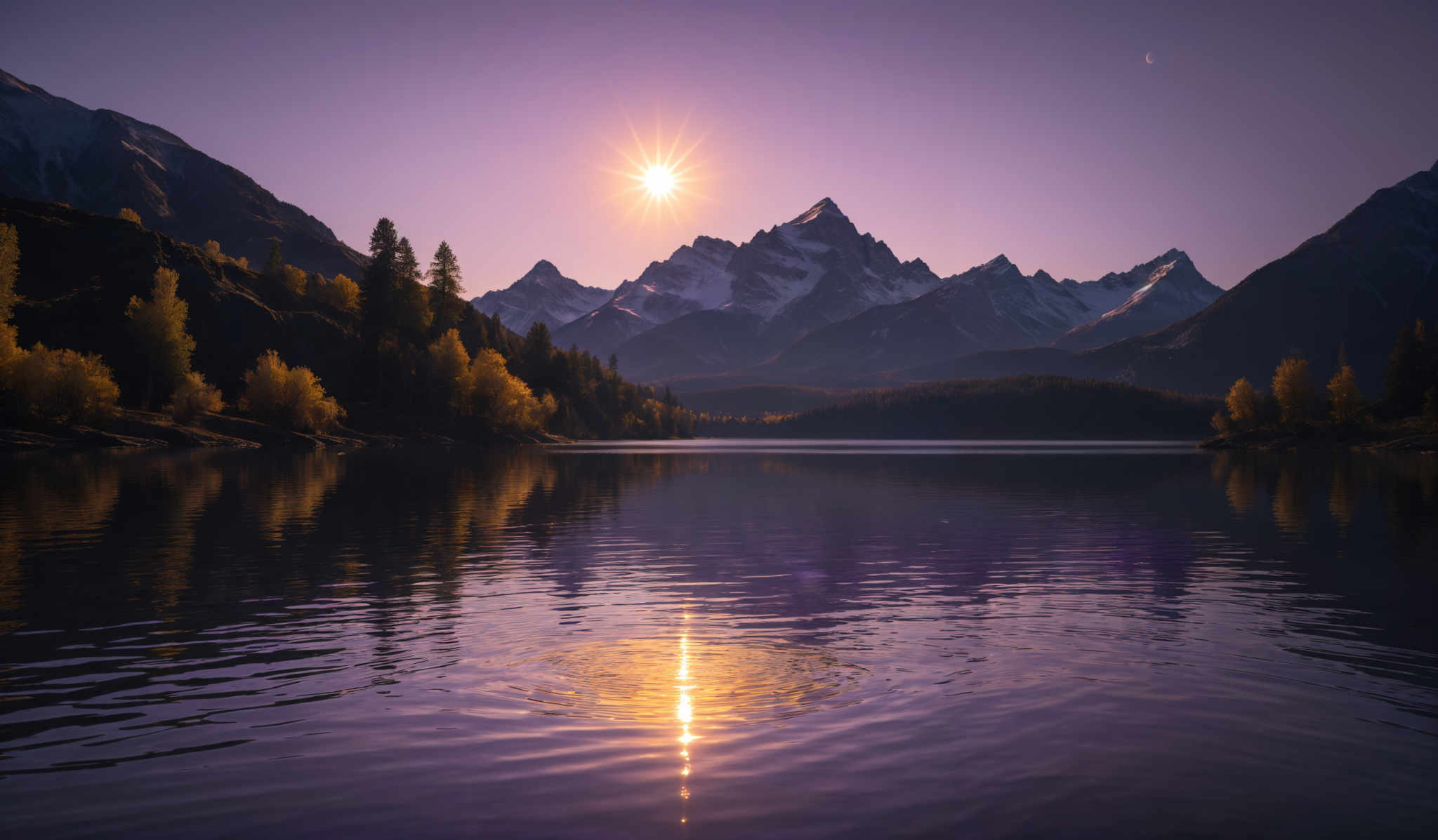 The image showcases a breathtaking landscape during what appears to be sunset or sunrise. Dominating the scene are majestic snow-capped mountains with jagged peaks. The sky is painted in hues of purple and pink, with the sun casting a brilliant golden glow. In the foreground, there's a serene lake reflecting the mountains and the sky. The lake's surface has ripples, possibly caused by a gentle breeze. On the left side of the lake, there are trees with autumnal foliage, displaying a mix of golden and reddish hues. A crescent moon can also be seen in the sky, adding to the tranquility of the scene.