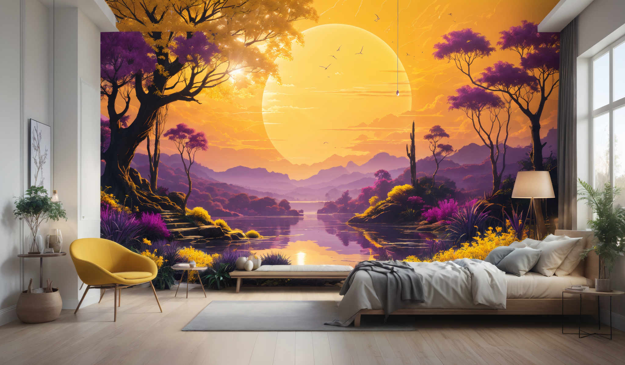 The image showcases a vibrant and colorful landscape mural. The dominant colors are shades of orange, purple, and yellow. The mural depicts a serene sunset or sunrise scene with a large, radiant sun casting a golden hue over the landscape. There are trees with purple blossoms, a calm body of water reflecting the sky's colors, and a distant mountain range. Birds can be seen flying in the sky, and there are also some floral elements, like yellow flowers, scattered throughout the scene. The overall ambiance of the mural is tranquil and dreamy.