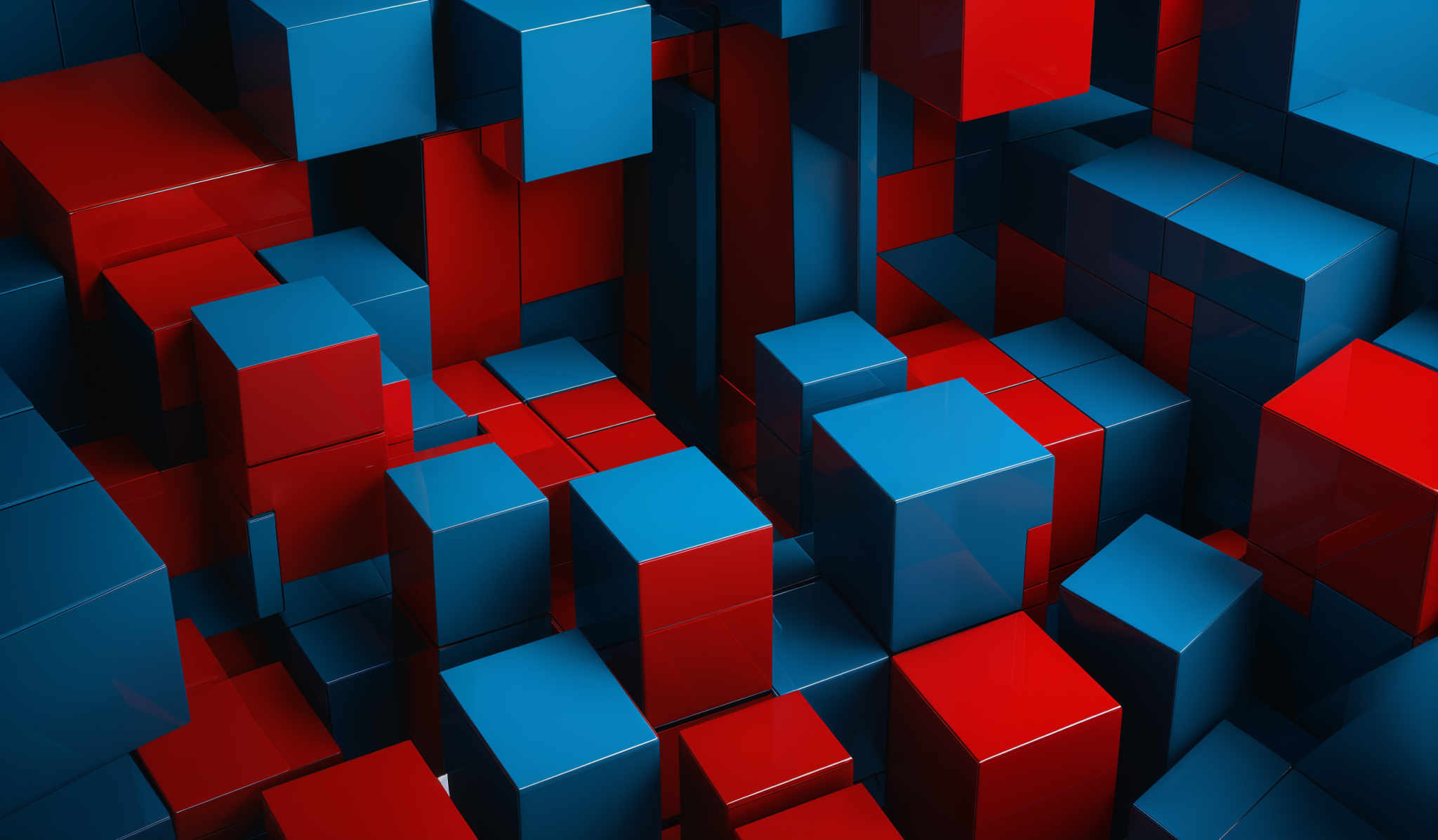 The image showcases a 3D arrangement of cubes in varying sizes and orientations. The cubes are colored either blue or red. The blue cubes have a glossy finish, reflecting light, while the red ones appear matte. The overall composition gives a sense of depth and dimension, creating an intricate and dynamic visual.