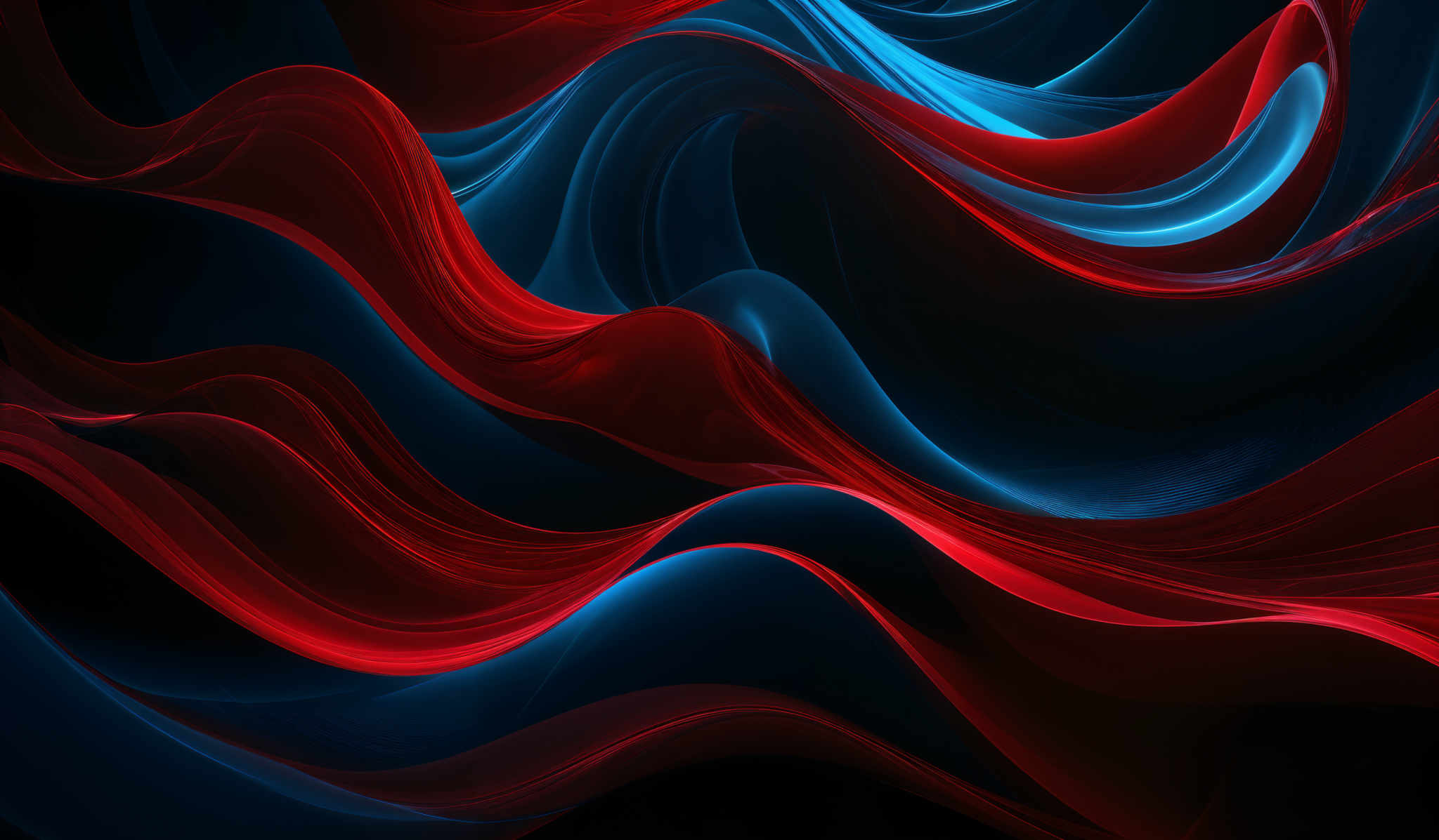 The image showcases a vibrant and dynamic abstract design. It predominantly features flowing, wavy lines in a mix of deep red and electric blue hues. The red lines have a fiery, passionate appearance, while the blue lines exude a cool, serene aura. The interplay of these colors creates a visually striking contrast, giving the image a sense of movement and energy.