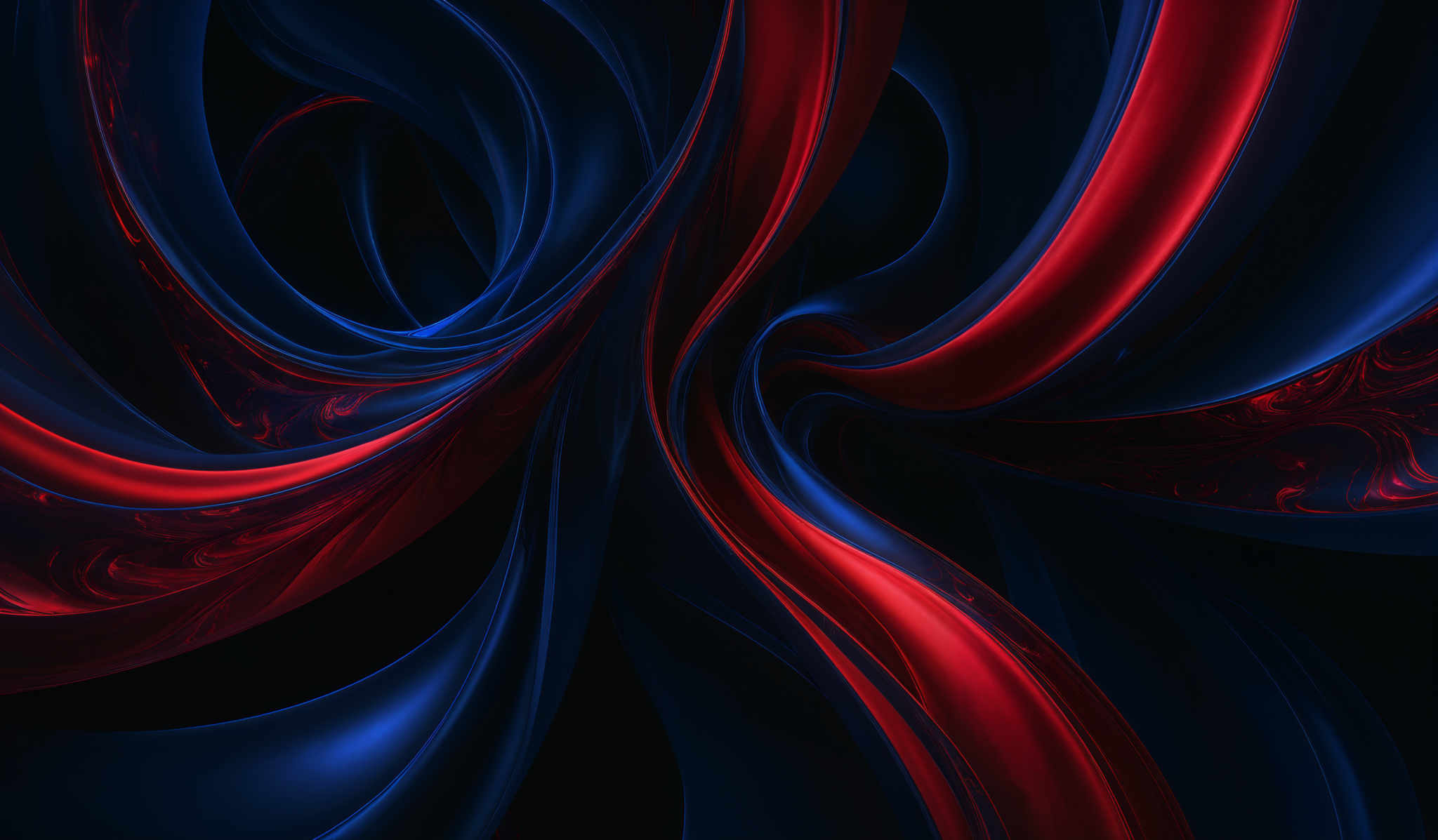 The image showcases a vibrant and dynamic abstract design. It predominantly features swirling patterns of deep blue and fiery red. The blue forms smooth, flowing curves that intertwine and overlap, creating a sense of depth and movement. The red, on the other hand, adds a contrasting burst of energy and warmth. There are also intricate details, such as red patterns that resemble flames or lava, interspersed within the blue swirls. The overall effect is both mesmerizing and intense, evoking feelings of motion and intensity.