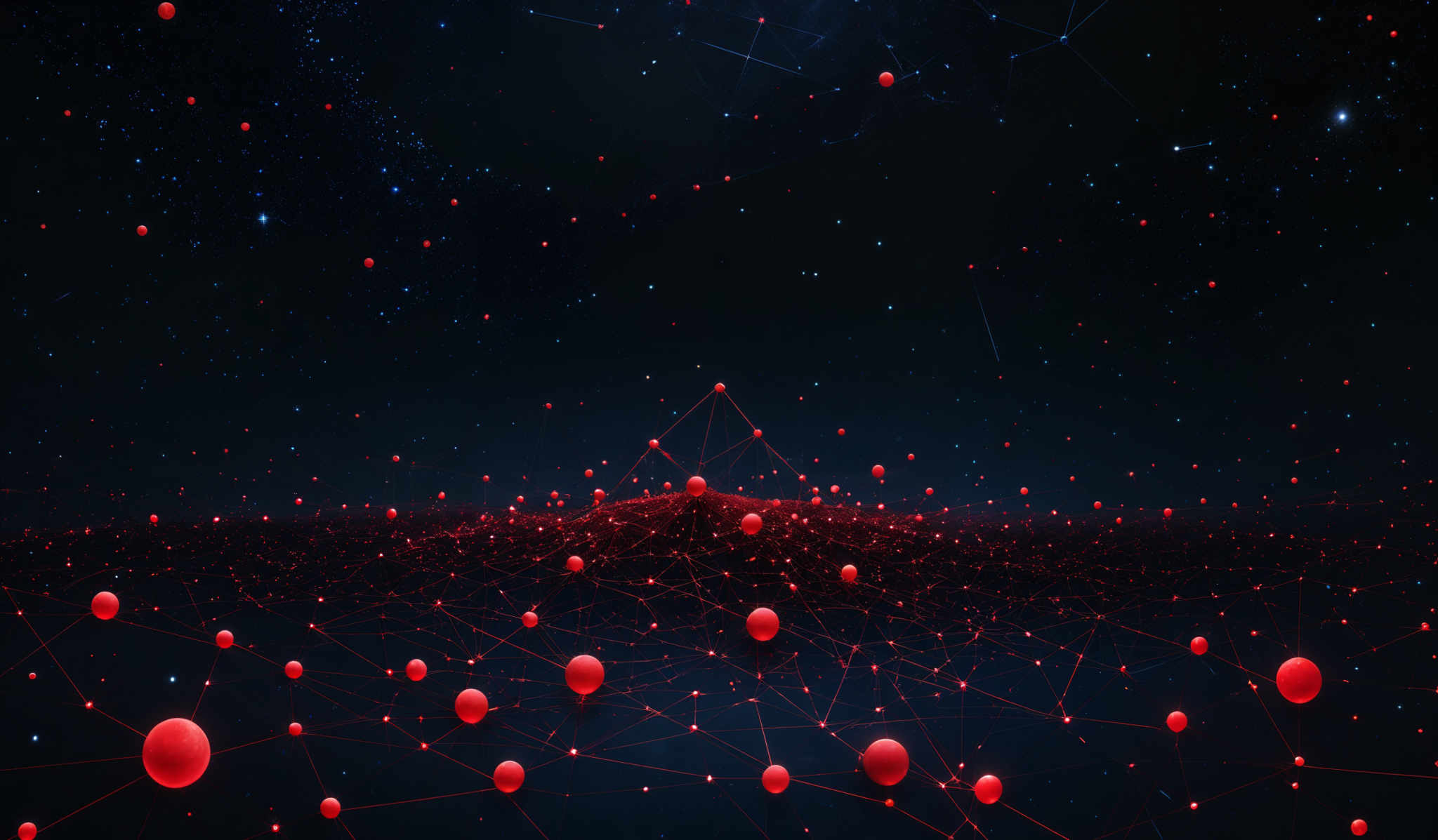 The image predominantly features a deep blue background with numerous white stars scattered throughout. The foreground is dominated by a network of interconnected lines forming a mesh-like structure. These lines are connected to various red spheres of varying sizes, which seem to be floating or suspended in the space. The overall impression is of a vast, interconnected digital or celestial network.