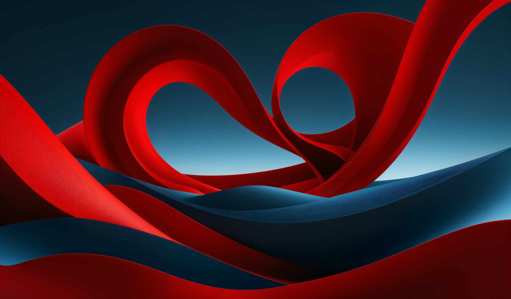 The image showcases a dynamic and abstract composition. It predominantly features two contrasting colors: a deep blue and a vibrant red. The red forms fluid, wavy shapes that intertwine and overlap, creating a sense of movement and fluidity. These shapes are set against a deep, gradient blue background that fades from a darker shade at the top to a lighter hue at the bottom. The interplay of these colors and shapes gives the image a modern and artistic feel.