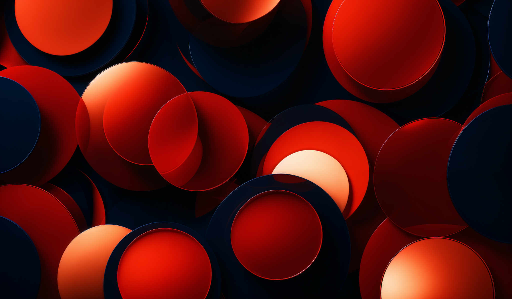 The image showcases an abstract design with overlapping circles of varying sizes. The dominant colors are deep red and dark blue. The circles are layered in a way that some overlap others, creating a sense of depth and dimension. The design gives an impression of a dynamic and vibrant pattern, possibly representing a chaotic yet harmonious composition.