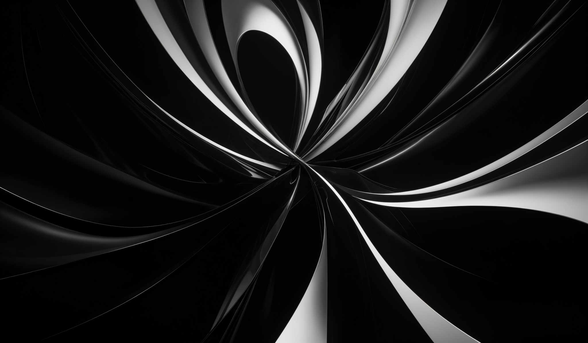 The image showcases a dynamic and abstract design. It predominantly features black and white colors. The shape is reminiscent of a swirling or spiraling pattern, with the white elements radiating outwards from a central point, creating a sense of movement and energy. The design appears to be 3D, with overlapping and intertwining curves, giving it a depth and dimension.