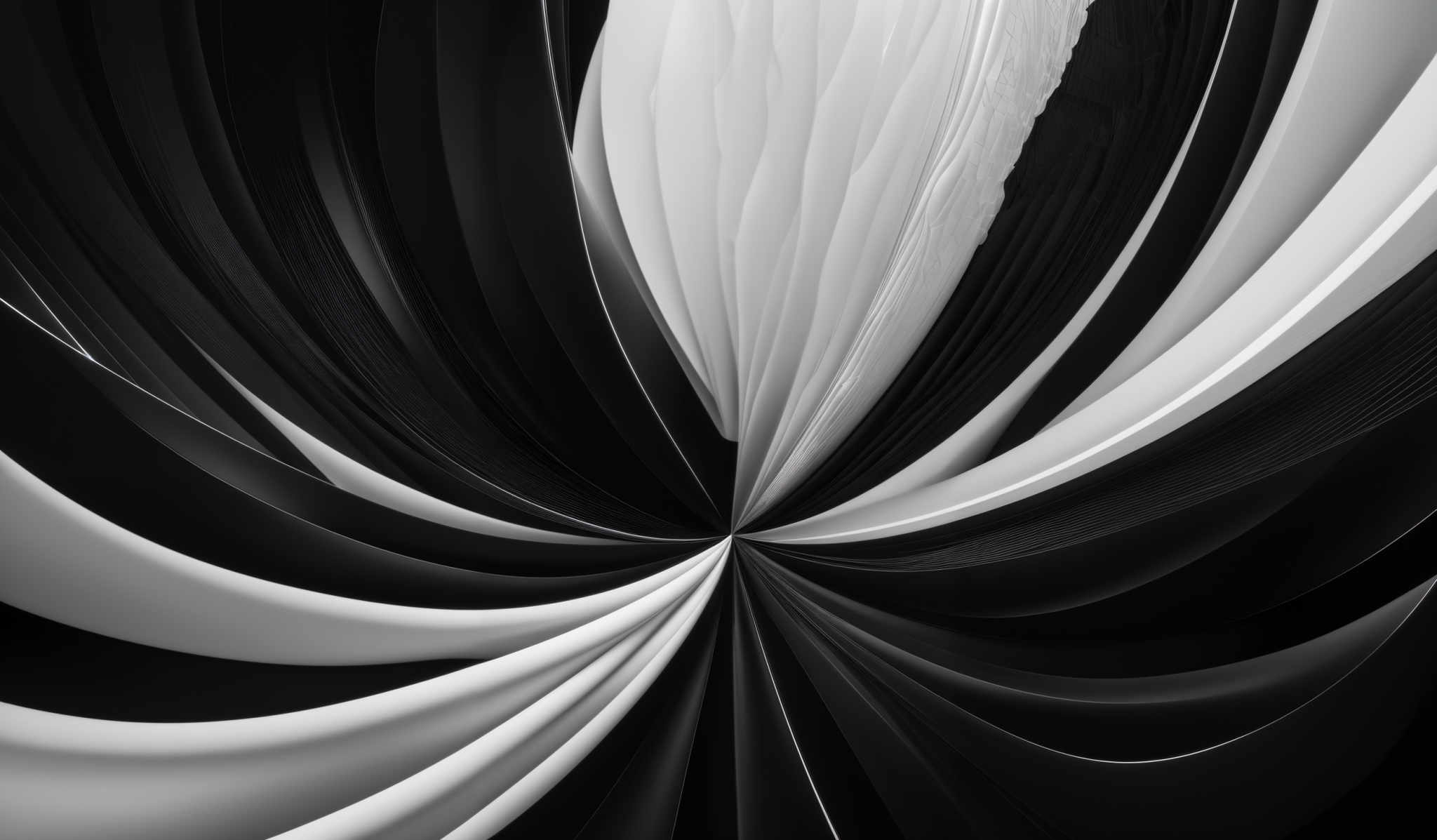 The image showcases a dynamic and visually striking pattern. It predominantly features a monochromatic color scheme with varying shades of black and white. The shape is reminiscent of a spiral or vortex, with concentric circles emanating outward from a central point. The intricate details and gradients give the image a sense of depth and movement, making it appear as though the spiral is either expanding or contracting.