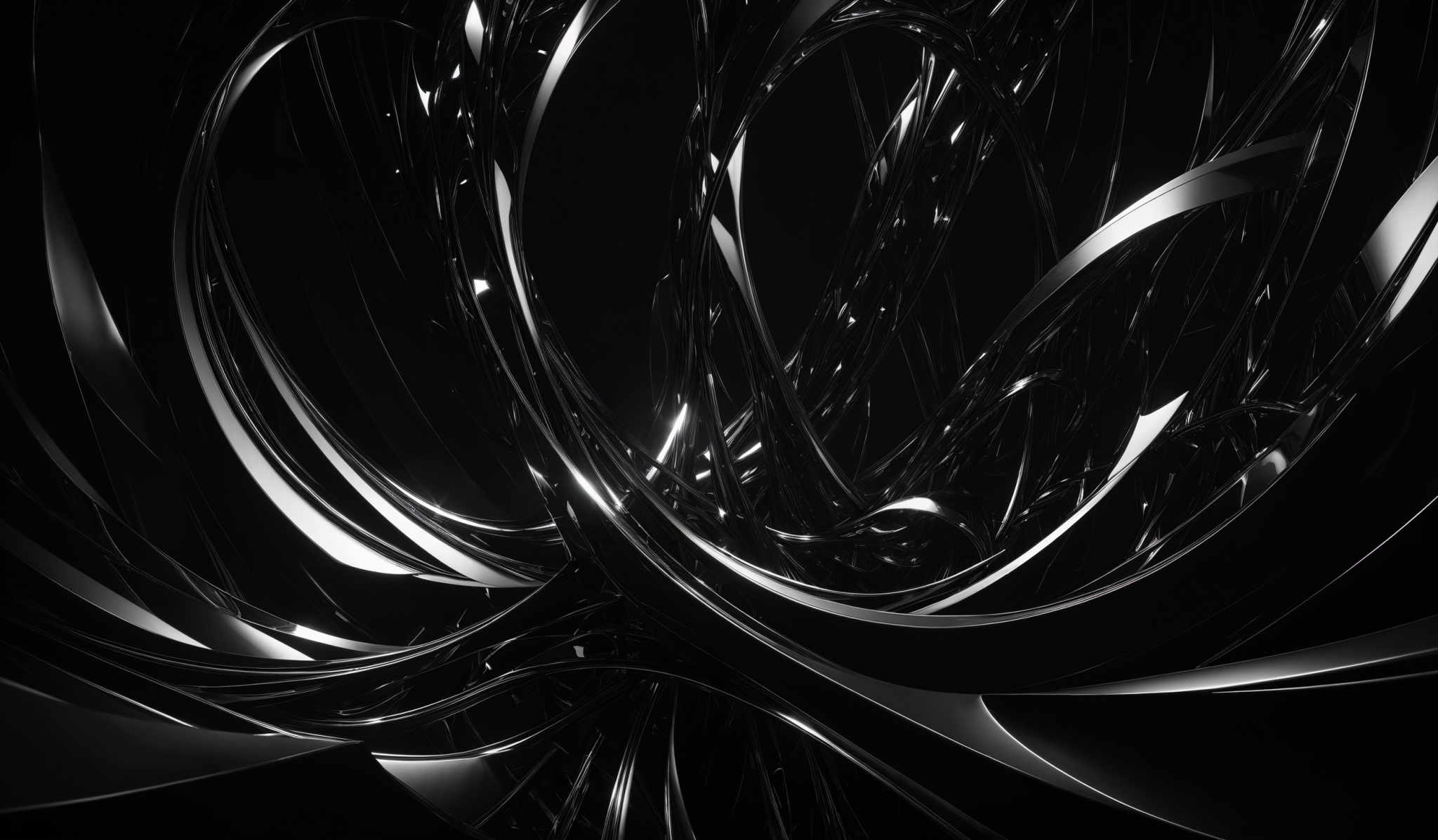 The image showcases a dark, almost black background with intricate, intertwining, and swirling patterns of reflective, glossy, and shiny metallic or chrome-like structures. These structures appear to be interconnected, forming a complex web of curves and lines. The overall effect is both mesmerizing and dynamic, giving a sense of depth and movement.