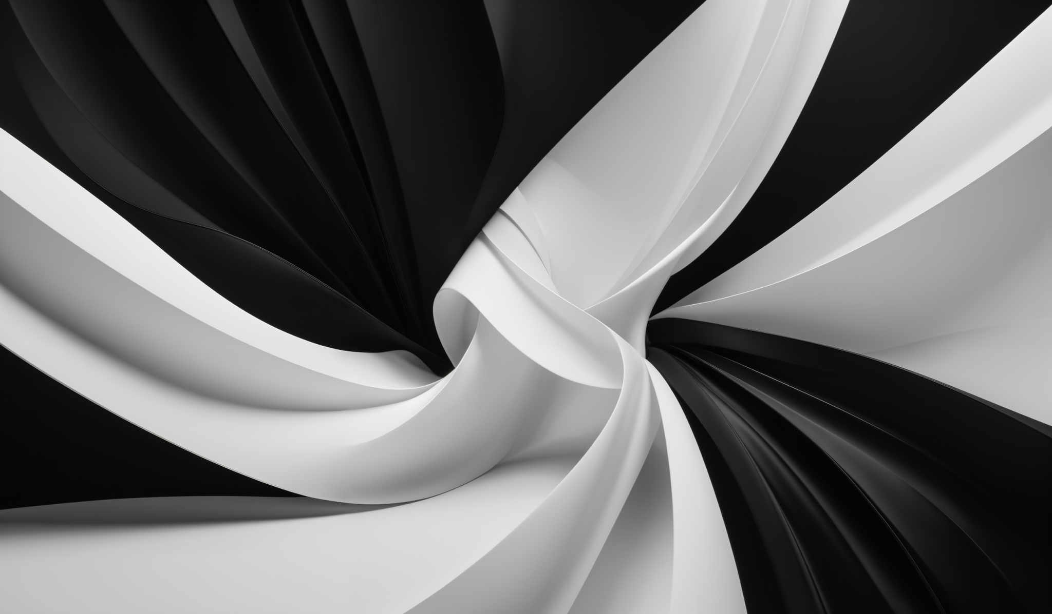 The image showcases a dynamic and abstract representation of black and white. It features swirling patterns of curved lines that converge and diverge, creating a sense of movement and depth. The predominant colors are black and various shades of white, which contrast sharply with each other, creating an impactful visual effect. The shapes are fluid and organic, resembling flowing fabric or waves, and they appear to be intertwined in a complex interplay of motion.