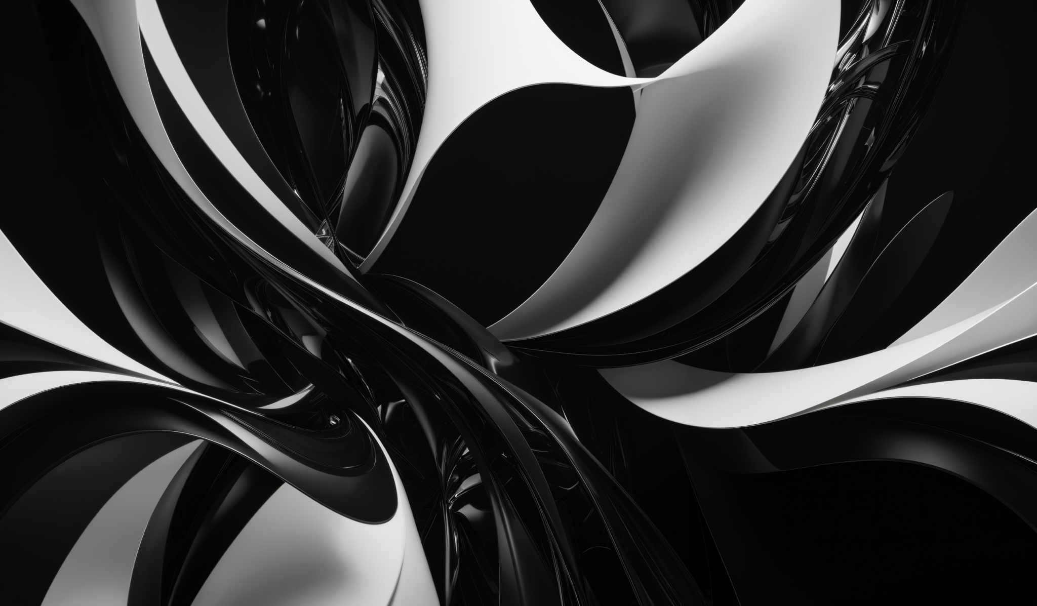 The image showcases a black and white abstract design. It features fluid, curvilinear shapes that resemble flowing liquid or organic forms. The shapes are intertwined and overlap, creating a dynamic and intricate pattern. The contrast between the black and the white accentuates the depth and dimension of the design.