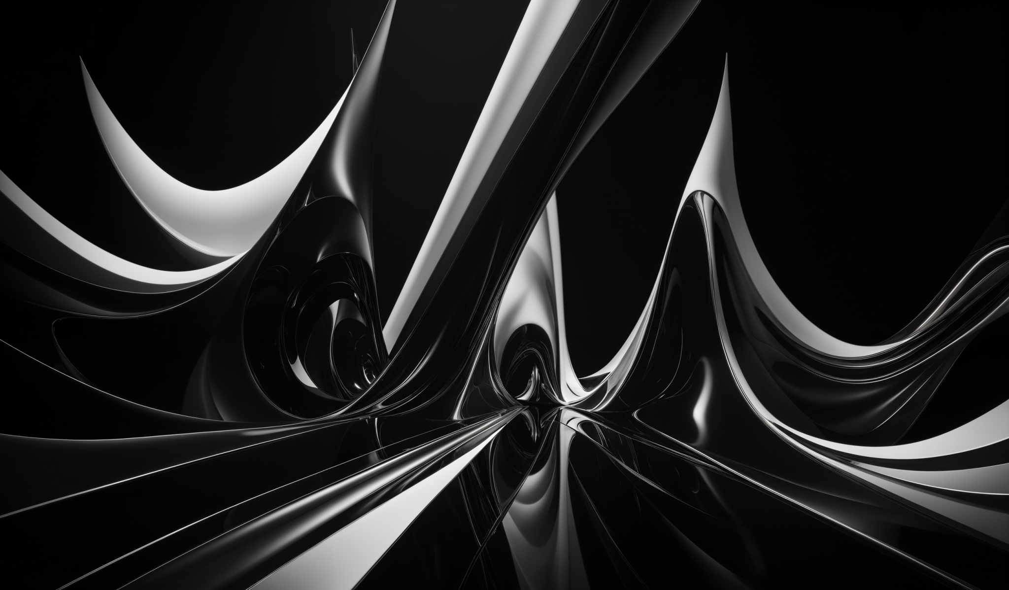 The image showcases a black and white abstract design. It features smooth, curved shapes that resemble flowing liquid or fabric. The shapes are predominantly in shades of black and gray, creating a contrast against the dark background. The design appears to be three-dimensional, with some parts overlapping and others receding, giving a sense of depth and movement.