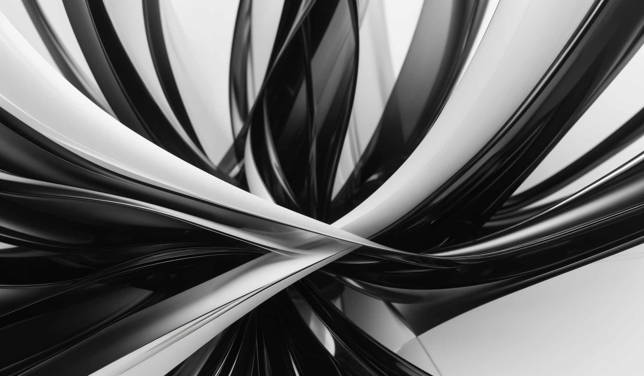 The image showcases a dynamic and abstract design with a predominantly monochromatic color scheme. It features flowing, curved lines that converge and intertwine, creating a visually striking effect. The shapes resemble elongated petals or ribbons, with a glossy or reflective quality, suggesting they might be made of a material like glass or polished metal. The interplay of light and shadow adds depth and dimension to the design, making it appear three-dimensional.