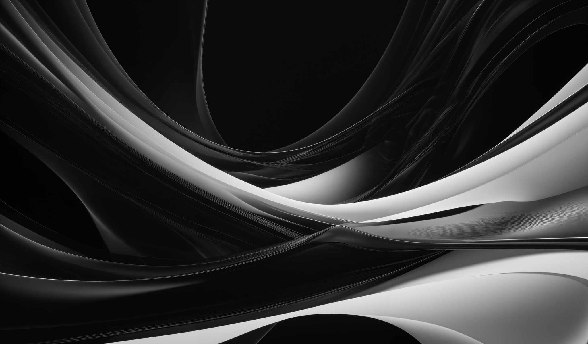 The image showcases a dynamic and abstract design with a predominantly monochromatic color scheme. It features flowing, curved lines and shapes that appear to be made of a glossy or reflective material. The shapes are predominately black and white, creating a stark contrast. The design gives an impression of fluidity and movement, reminiscent of liquid or smoke, and it's set against a dark background which accentuates the luminosity of the white and black elements.