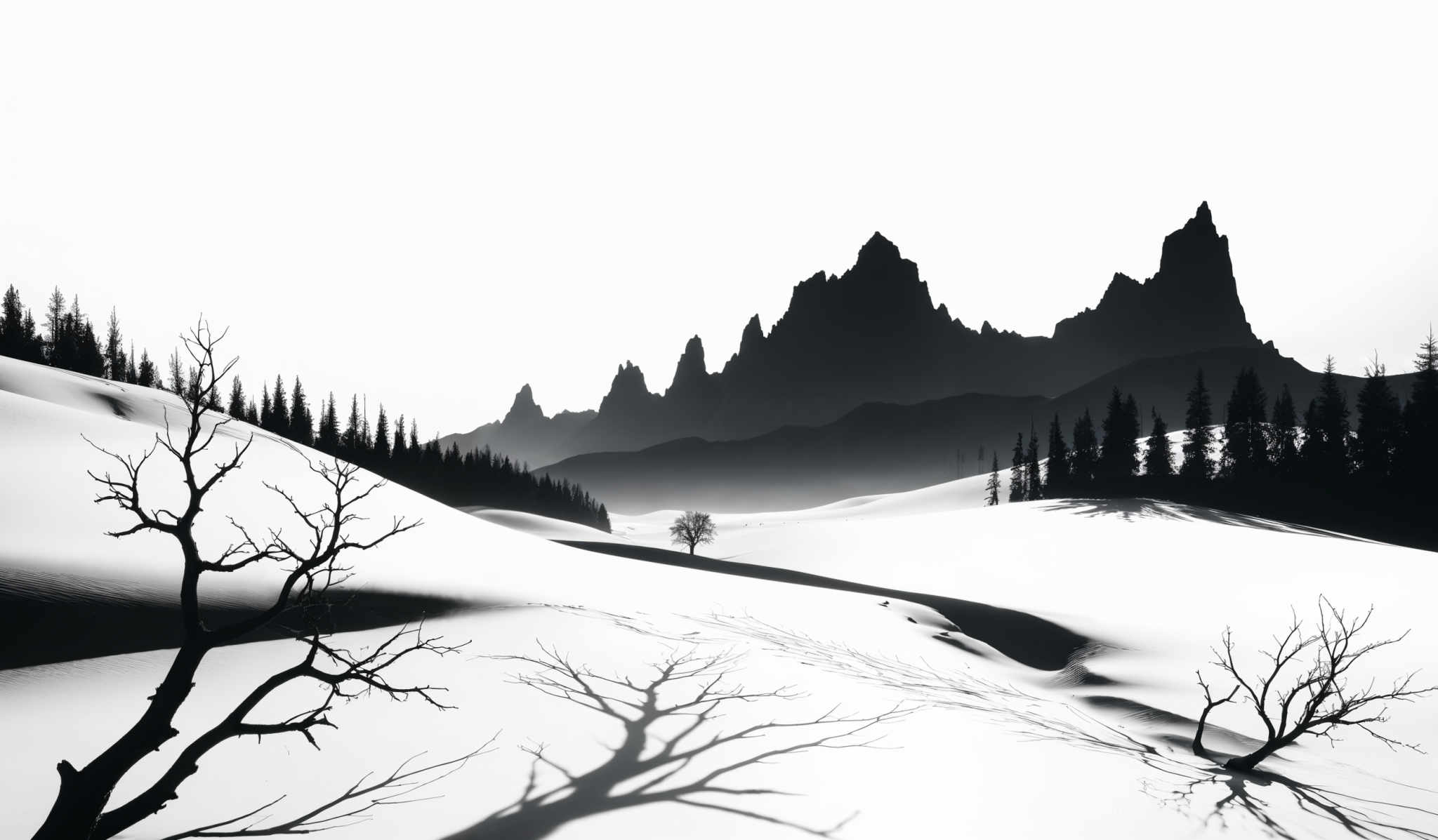 The image is in black and white, showcasing a stark contrast between light and shadow. The dominant shape is that of jagged mountain peaks, which rise dramatically against a clear sky. In the foreground, there are barren trees with long, twisted branches, casting elongated shadows on the snow-covered ground. The middle ground features a dense forest of coniferous trees, and the background reveals a serene expanse of snow-filled valleys.