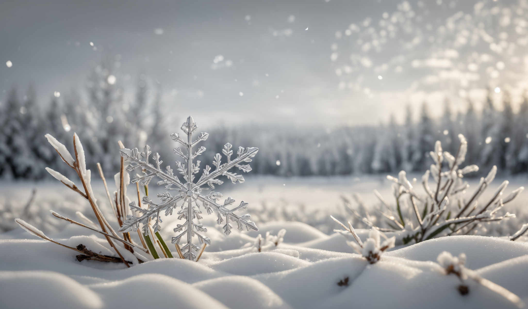 The image showcases a pristine winter landscape. Dominating the foreground is a beautifully detailed snowflake, intricately designed with sharp, symmetrical edges and delicate, ornate patterns. It's set against a backdrop of snow-covered ground, with thin, frost-coverd plants peeking through. In the distance, a dense forest of snowy trees stretches across the horizon, and the sky above is overcast, with a hint of sunlight breaking through, casting a soft glow on the scene.