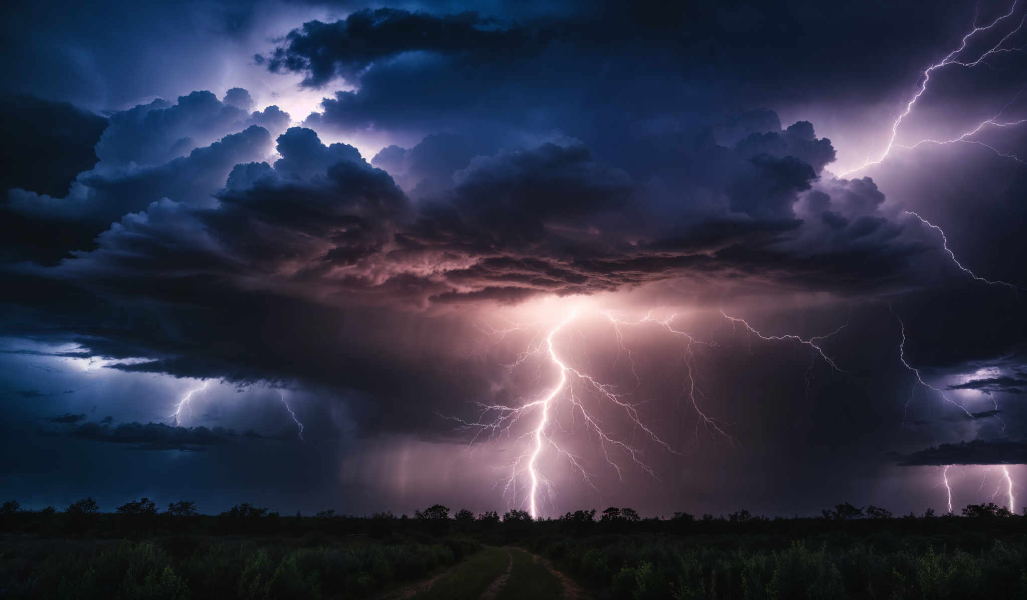 The image showcases a dramatic and intense scene of nature. Dominating the sky are dark, ominous clouds, interspersed with bright streaks of lightning. The lightning bolts are vivid, with one particularly striking bolt illuminating the clouds from below, casting a purplish hue. The clouds are voluminous and have a billowing appearance, suggesting the presence of strong winds. The horizon reveals a landscape of what seems to be a grassy field or plain, with a dirt path leading towards the viewer. The overall color palette is a mix of deep blues, purples, and bright whites, creating a stark contrast and adding to the intensity of the scene.