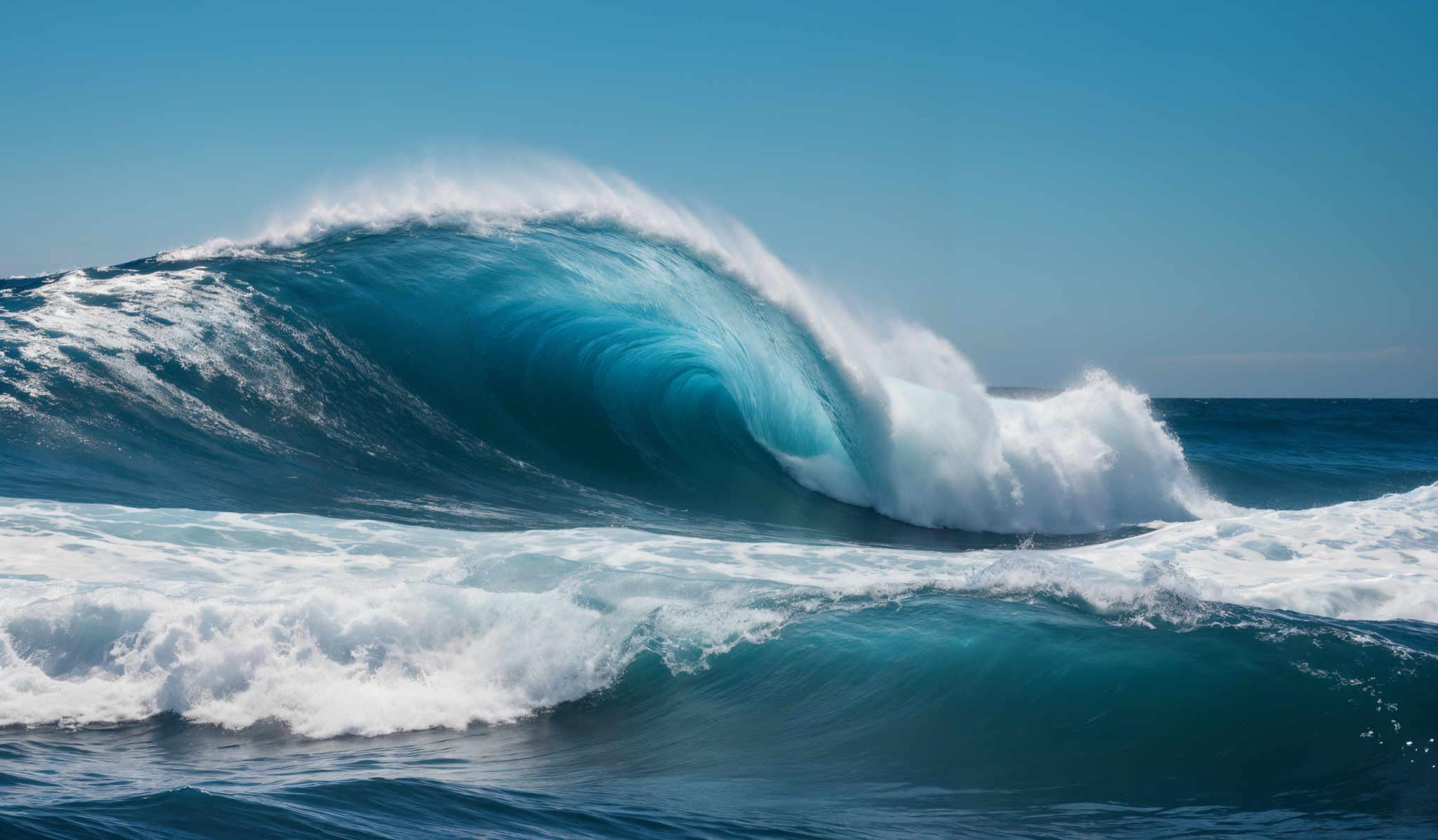 The image showcases a powerful ocean wave, with a deep turquoise hue that transitions to a lighter shade near the crest. The wave's shape is curling, with the top part appearing frothy and white, indicating the wave' s energy and motion. The base of the wave is turbulent with white foam, suggesting the wave has crashed or is about to crash. The background reveals a clear blue sky, and the horizon is visible in the distance.