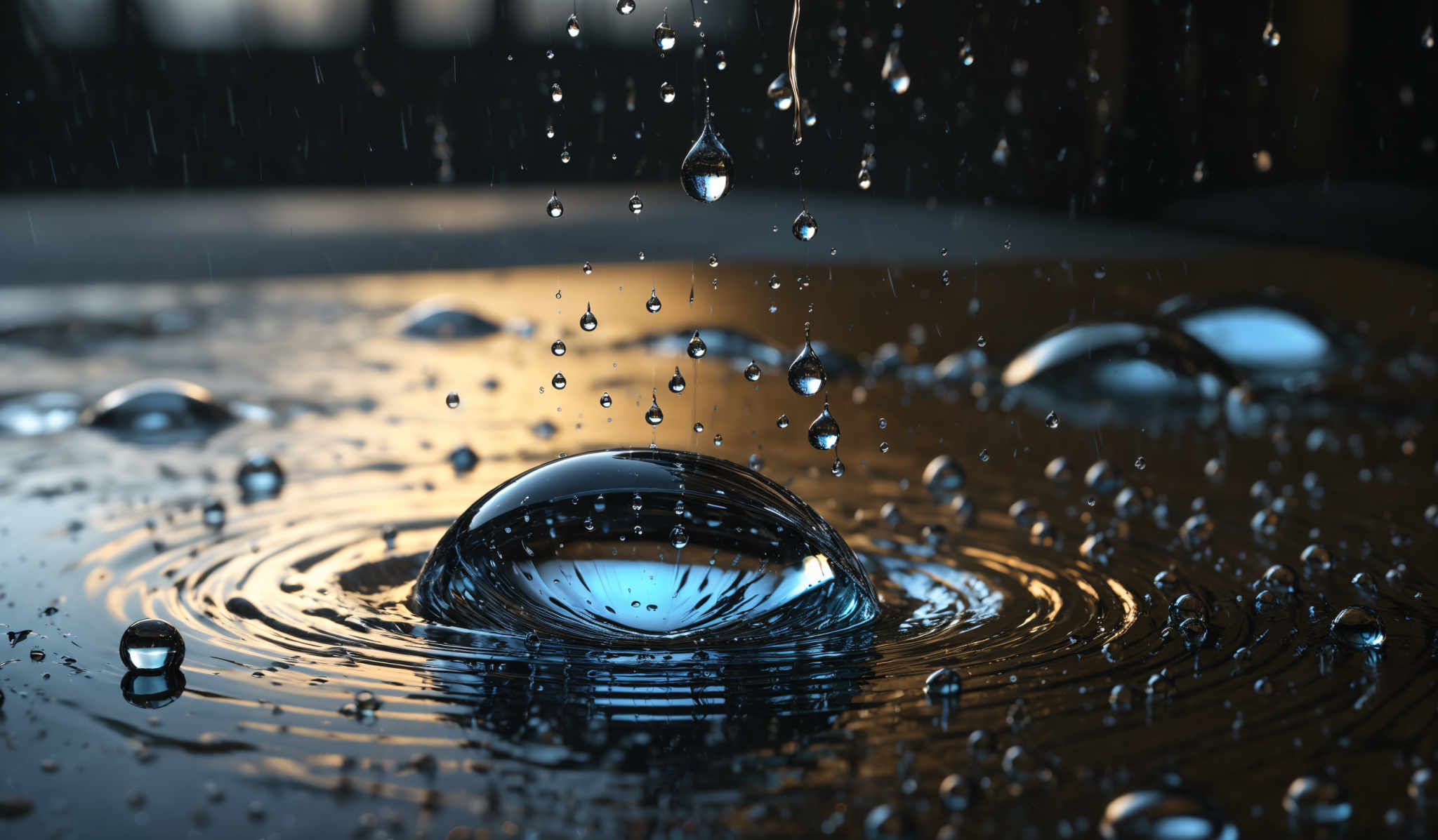 The image showcases a myriad of water droplets, both large and small, suspended in the air and on a surface. The droplet in the center appears to be captured in a moment of impact, forming a semi-spherical shape with concentric ripples emanating from it. The background is dark, possibly indicating an indoor setting, and the light source casts a warm, golden hue on the water drops, creating a contrast between the illuminated and shadowed areas.