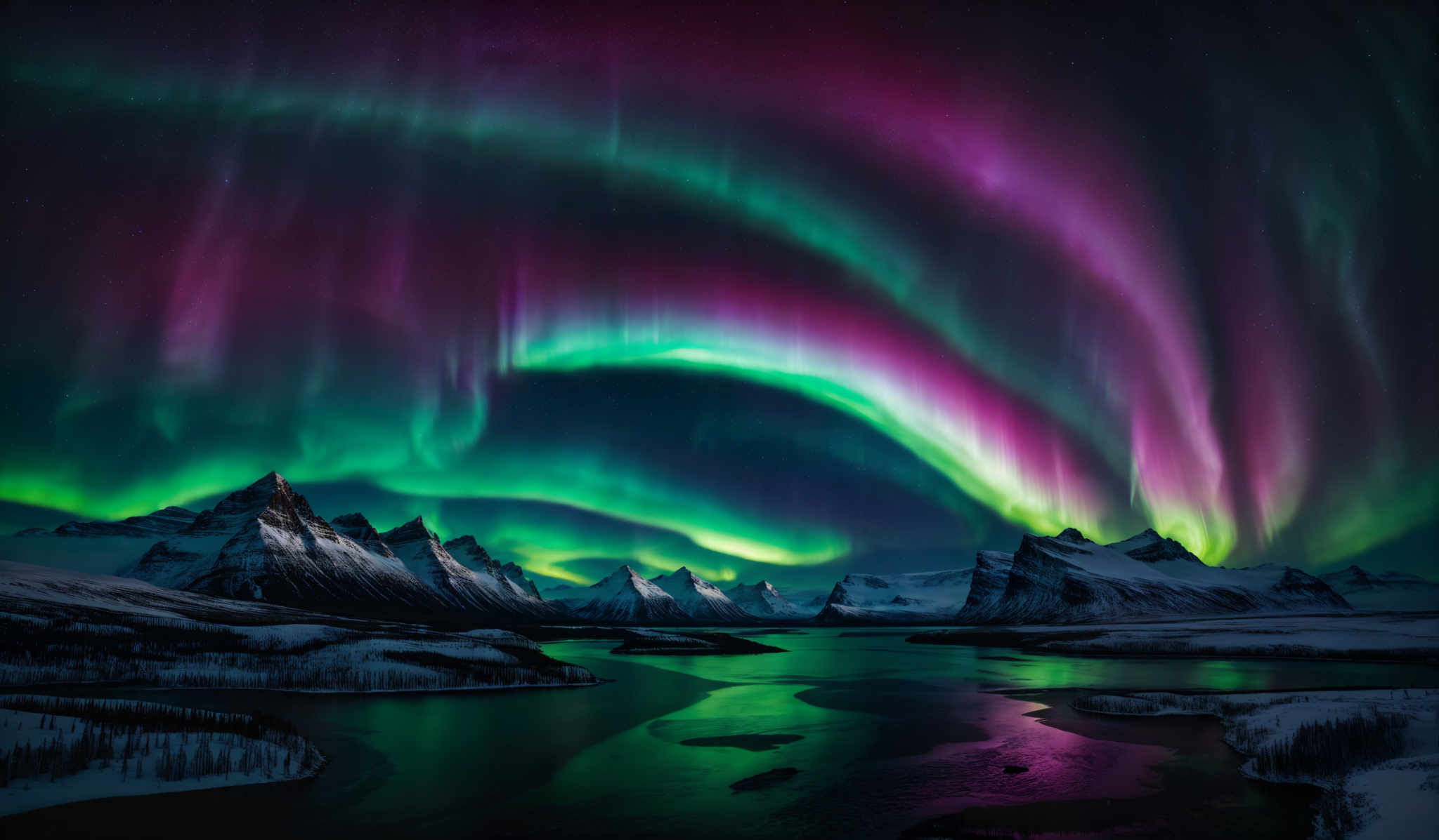 The image showcases a breathtaking view of the Northern Lights, also known as the Aurora Borealis. The colors range from deep purples and blues to vibrant greens and pinks. The shape of the Auroras is curvilinear, forming an arch over the snow-covered mountains. The mountains are sharp and jagged, with snow-capped peaks. Below the mountains, there's a serene body of water reflecting the colors of the sky. The landscape is also dotted with trees, and the overall scene is set against a dark night sky.