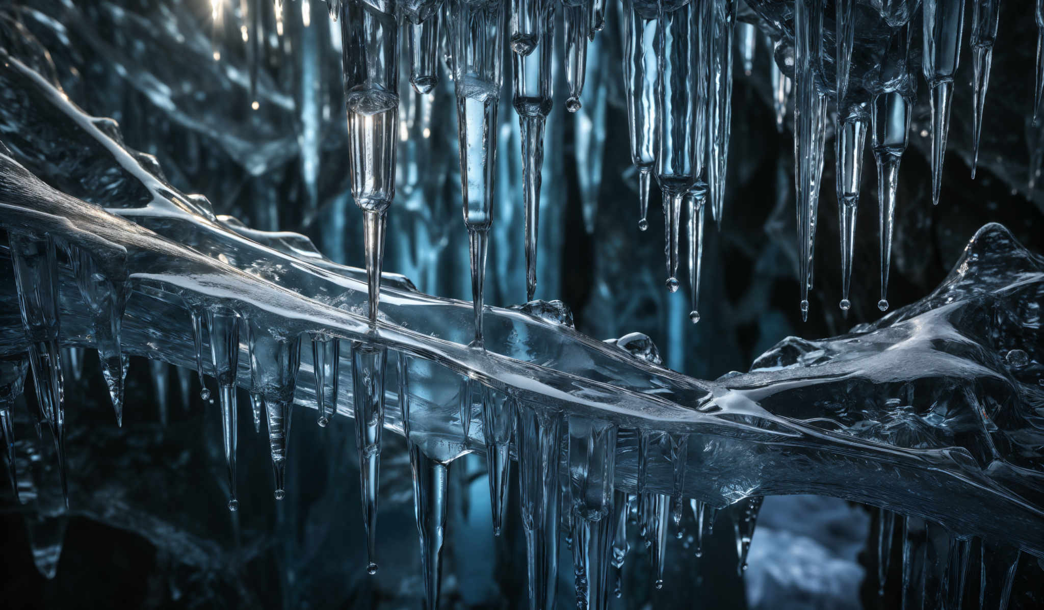 The image showcases a close-up view of icicles hanging from a structure. The icicles are translucent and vary in size, with some being long and slender while others are shorter and broader. They are predominantly clear with hints of blue, reflecting the ambient light. The structure they hang from appears to be a frozen or icy surface, with intricate patterns and textures. The overall color palette is cool, dominated by shades of blue and white, giving a cold and frosty ambiance.