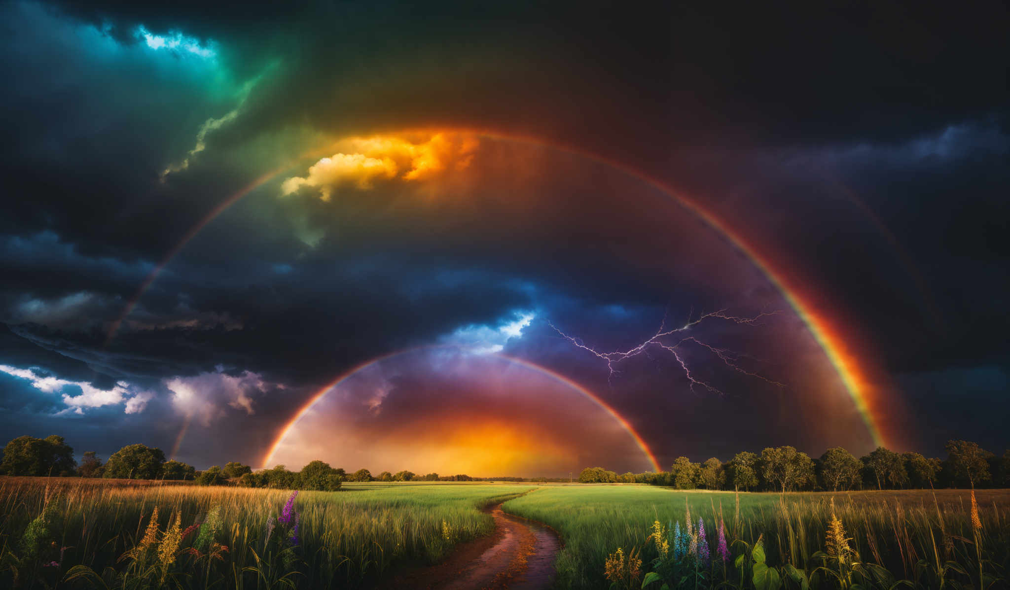 The image showcases a dramatic and vibrant landscape. Dominating the sky are dark storm clouds interspersed with patches of blue and green. A stunning double rainbow arcs across the sky, with its vivid colors ranging from deep blues and purples to fiery oranges and reds. Lightning bolts can be seen striking down, adding to the intensity of the scene. Below, a lush green field stretches out, dotted with wildflowers in various colors. A dirt path meanders through the field, leading the viewer's eye towards the horizon.