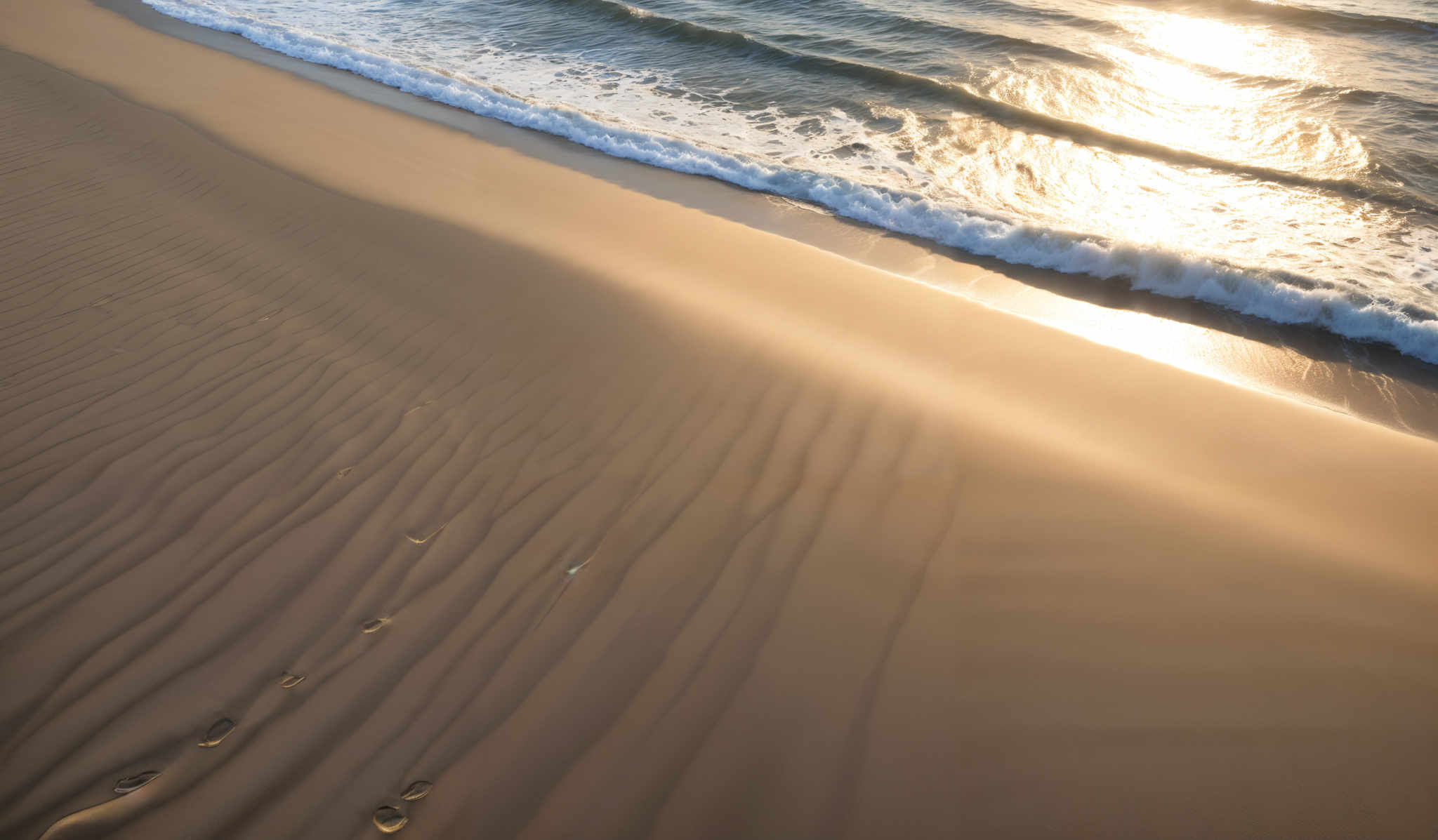 The image showcases a serene beach scene during what appears to be either sunrise or sunset. The dominant colors are golden hues from the sunlight reflecting on the wet sand and the deep blue of the ocean waves. The sand exhibits a rippled pattern, likely created by the wind, and there are footprints scattered across it, indicating recent human activity. The ocean waves gently crash onto the shore, and the sun's rays create a shimmering effect on the water's surface.