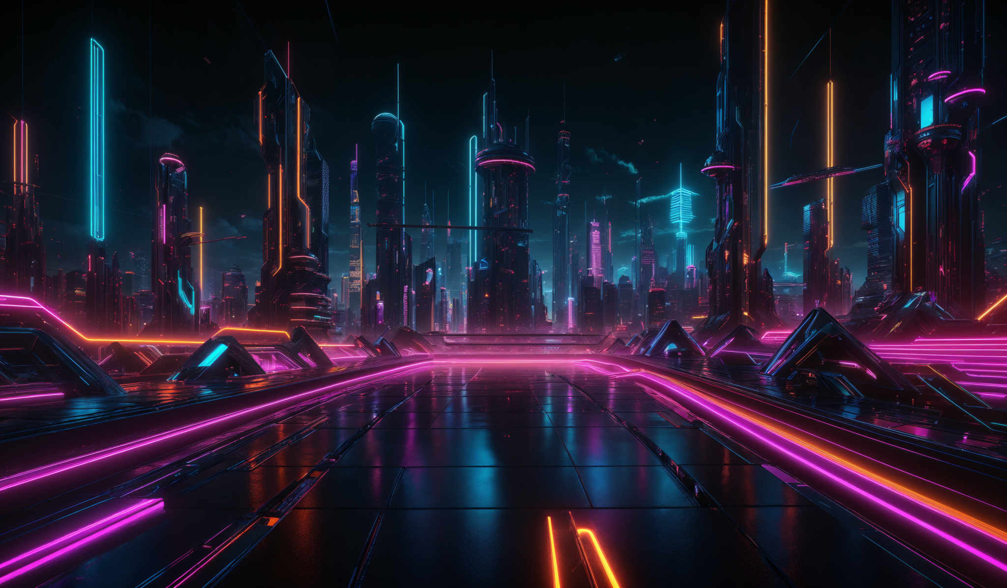 The image showcases a futuristic cityscape at night. The dominant colors are neon shades of pink, blue, and yellow. The city is adorned with towering skyscrapers, some of which have unique and intricate designs. The buildings are illuminated with vibrant lights, creating a contrast against the dark sky. In the foreground, there's a pathway or road that reflects the neon lights, adding depth and dimension to the scene. The overall ambiance is one of a bustling, technologically advanced metropolis.