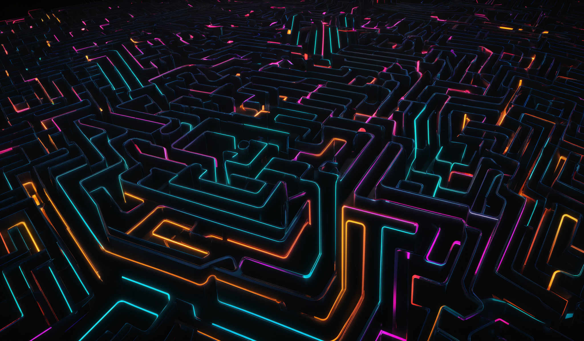 The image showcases a complex maze with intricate pathways. The maze is illuminated with vibrant neon colors, predominantly shades of blue, pink, and orange. The pathways are highlighted in these neon hues, creating a visually striking contrast against the dark background. The intricate design of the maze suggests a labyrinthine structure with multiple intersections and turns.