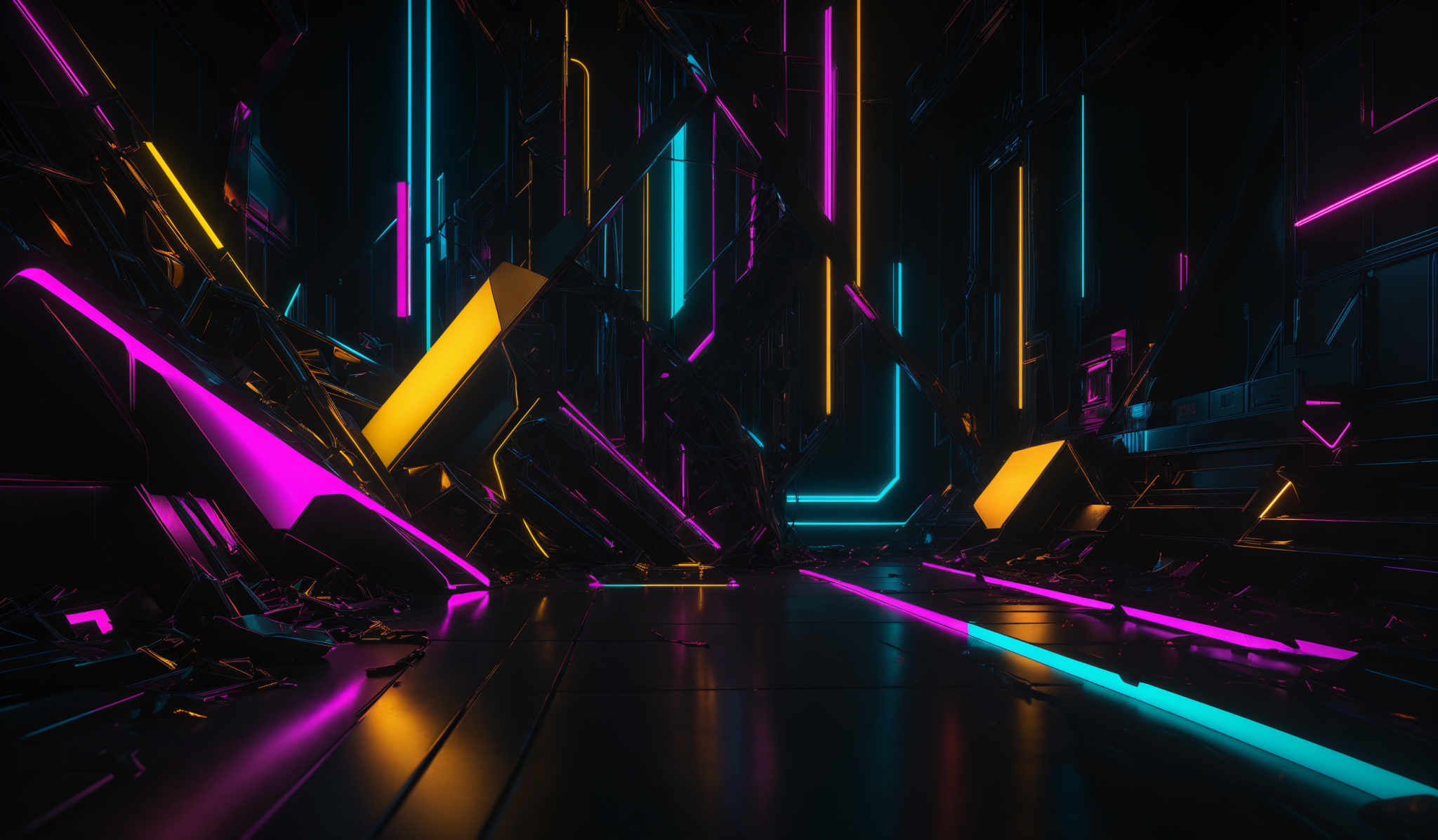 The image showcases a futuristic, cyberpunk-inspired environment. It features neon-colored vertical and horizontal lines, predominantly in shades of pink, blue, and yellow. These lines are intertwined with geometric shapes, creating a chaotic yet harmonious pattern. The scene appears to be inside a room or chamber, with reflective surfaces on the floor, giving the impression of a shiny, metallic surface. The overall ambiance is dark, with the neon lights providing a stark contrast, creating an atmosphere of mystery and intrigue.