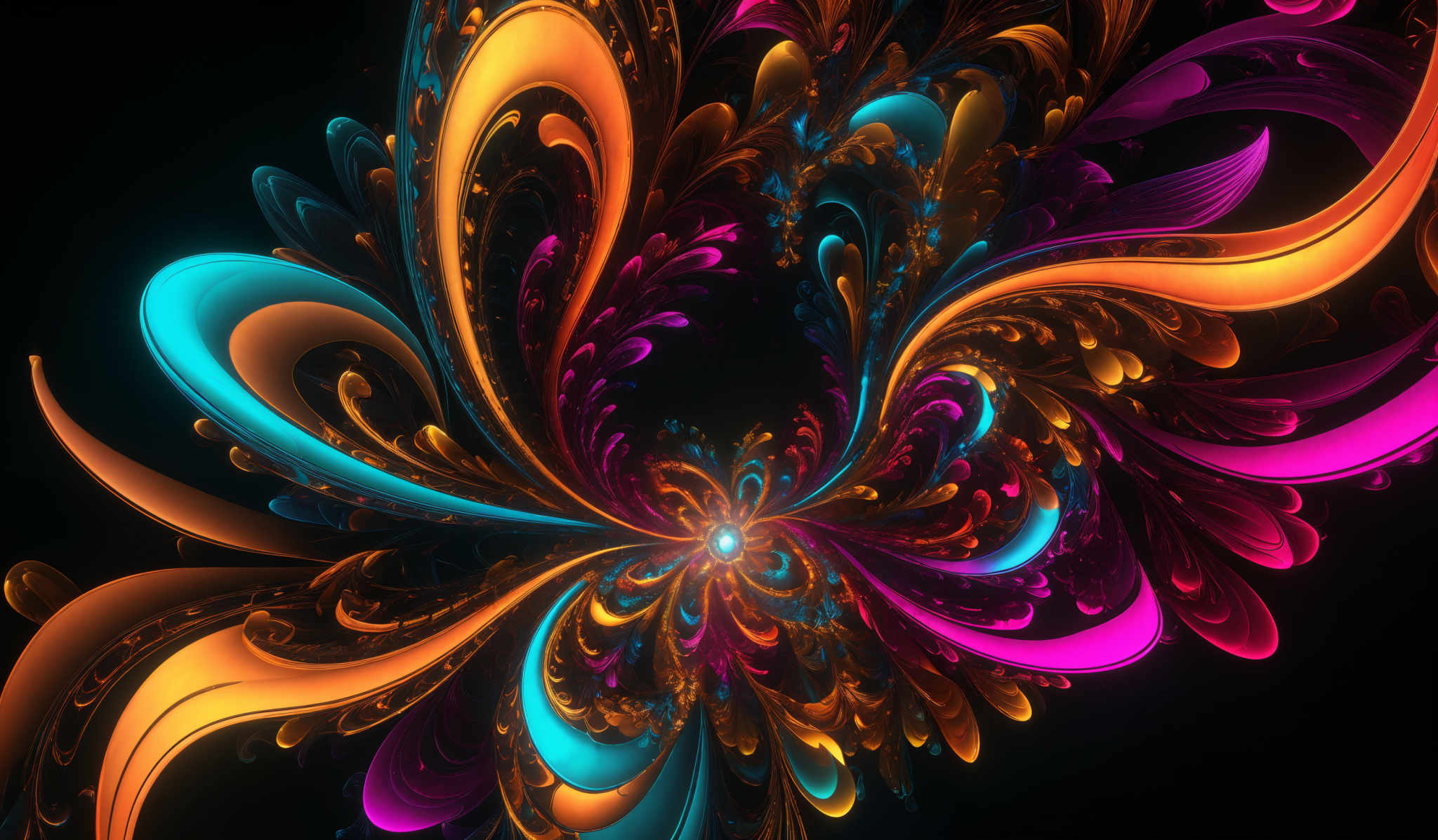 The image showcases a vibrant and intricate design with swirling patterns. The dominant colors are shades of blue, orange, pink, and gold. The shapes are fluid and organic, resembling petals or feathers, with intricate details and patterns that give it a dynamic and lively appearance. The central part of the image has a bright light emanating, which seems to be the focal point, drawing the viewer's attention.