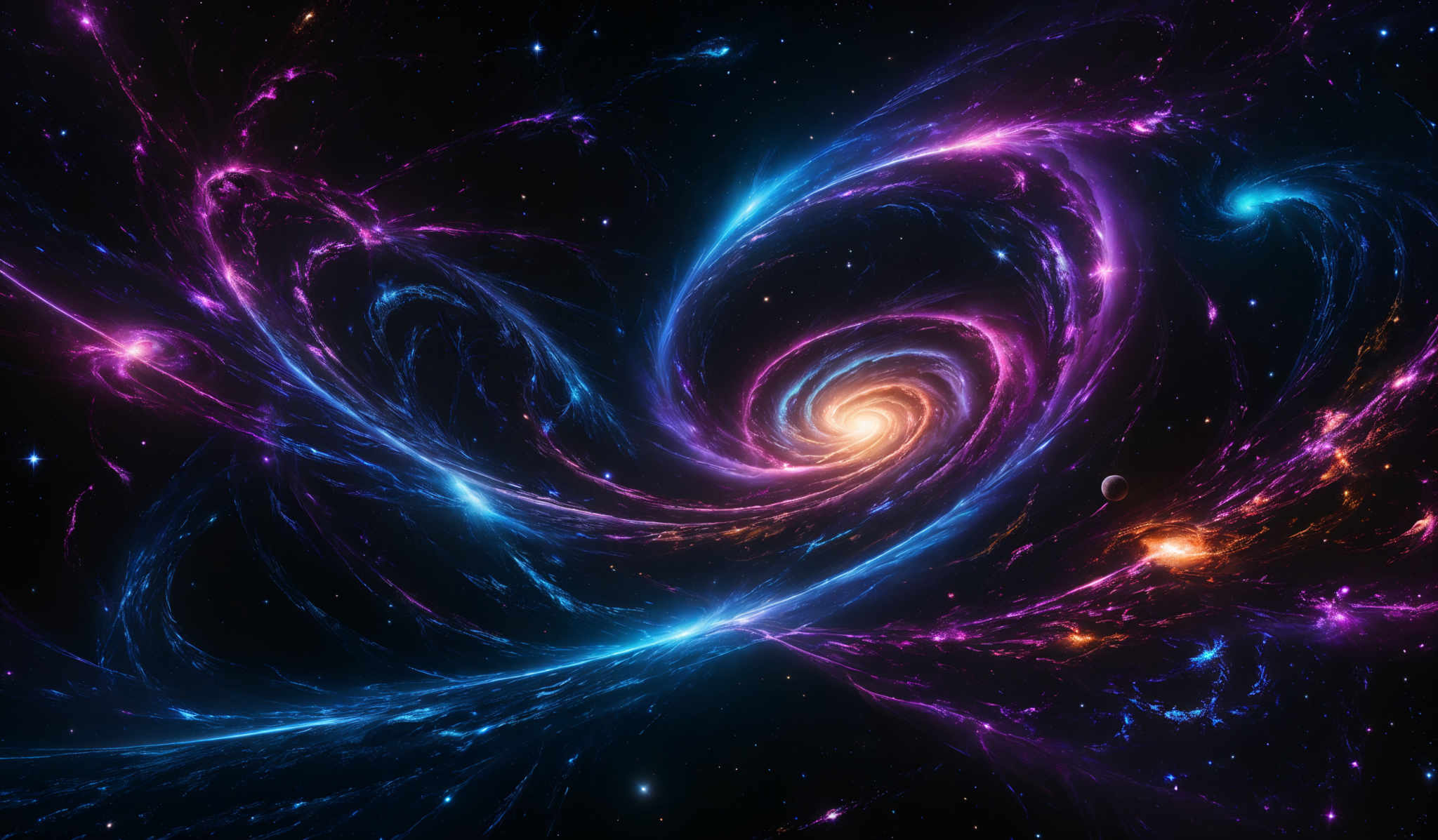 The image showcases a mesmerizing cosmic scene with swirling patterns of vibrant colors. Dominant colors include deep blues, purples, and fiery oranges and reds. The central part of the image features a spiraling galaxy with a bright, glowing core. Surrounding the galaxy are intricate tendrils of energy and light, intertwining and swirving in various directions. There are also scattered stars and celestial bodies throughout the image, adding depth and dimension to the cosmic landscape.