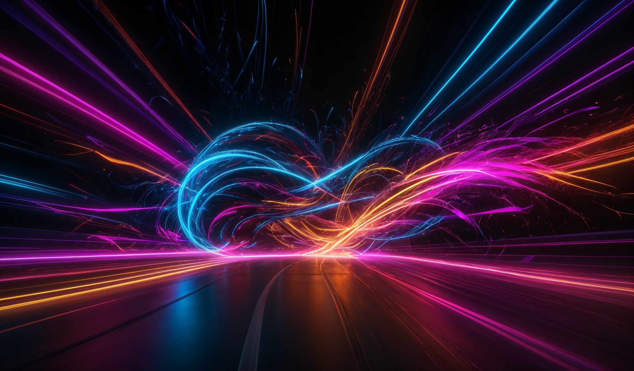 The image showcases a vibrant and dynamic interplay of colors, primarily neon shades of blue, pink, and orange. The central portion of the image features swirling patterns of these colors, reminiscent of energy or light trails. These trails seem to be emanating from a central point and spiraling outwards, creating a sense of motion and energy. The overall effect is reminIScent of a high-speed photograph of light traps or a digital art representation of cosmic energy.