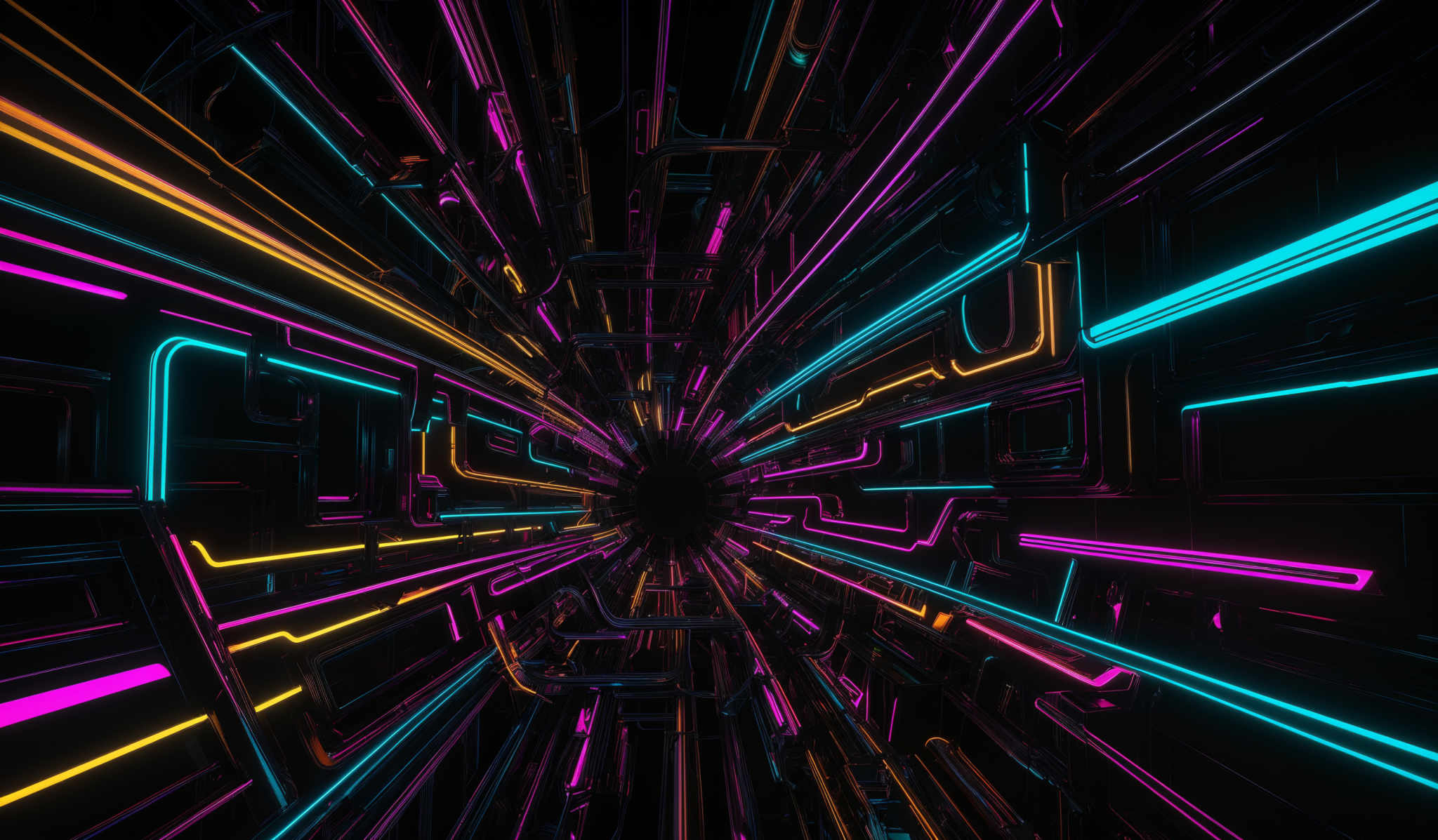 The image showcases a vibrant and dynamic digital artwork. It features a plethora of colorful neon lines, primarily in shades of pink, blue, yellow, and green, converging towards a central point. These lines are intricately designed, resembling a complex network of pipes or circuitry, and they are set against a dark background, making the colors pop even more. The overall effect is reminiscent of a high-energy, futuristic environment, possibly a digital or virtual space.