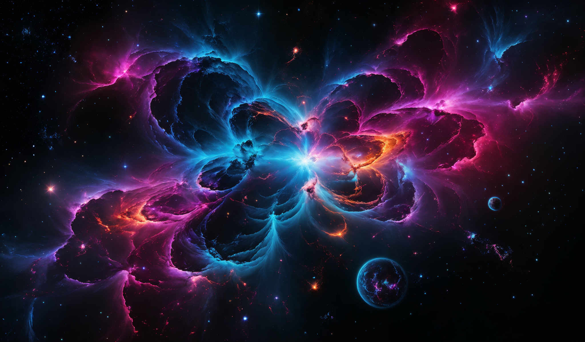 The image showcases a vibrant and mesmerizing cosmic scene. It features a central nebula with swirling patterns of colors ranging from deep blues and purples to fiery oranges and reds. Surrounding the nebular formation are smaller celestial bodies, possibly planets or moons, that are depicted in shades of blue and purple. The vastness of space is filled with distant stars, adding to the ethereal beauty of the scene.