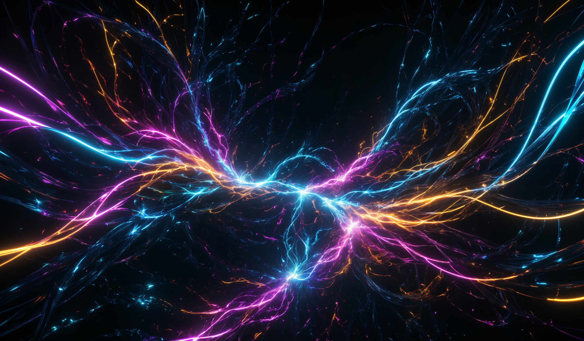 The image showcases a vibrant and dynamic interplay of colors. It predominantly features streaks of neon pink, blue, and orange against a dark background. These streaks resemble electrified tendrils or energy lines, swirling and intertwining in a chaotic yet harmonious manner. The overall effect is reminiscent of a cosmic or abstract representation of energy, possibly depicting the interconnectedness of forces in the universe.