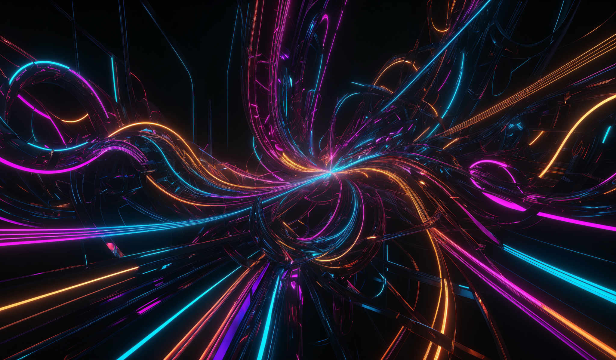 The image showcases a vibrant and dynamic digital artwork. It features intertwining lines and curves in a swirling pattern, predominantly in hues of pink, blue, and orange. The lines are intricate, resembling neon lights or electrical connections, and they radiate outwards from a central point, creating a sense of depth and movement. The overall design is reminiscent of a futuristic or cybernetic theme, with the interplay of colors and shapes evoking feelings of energy and excitement.