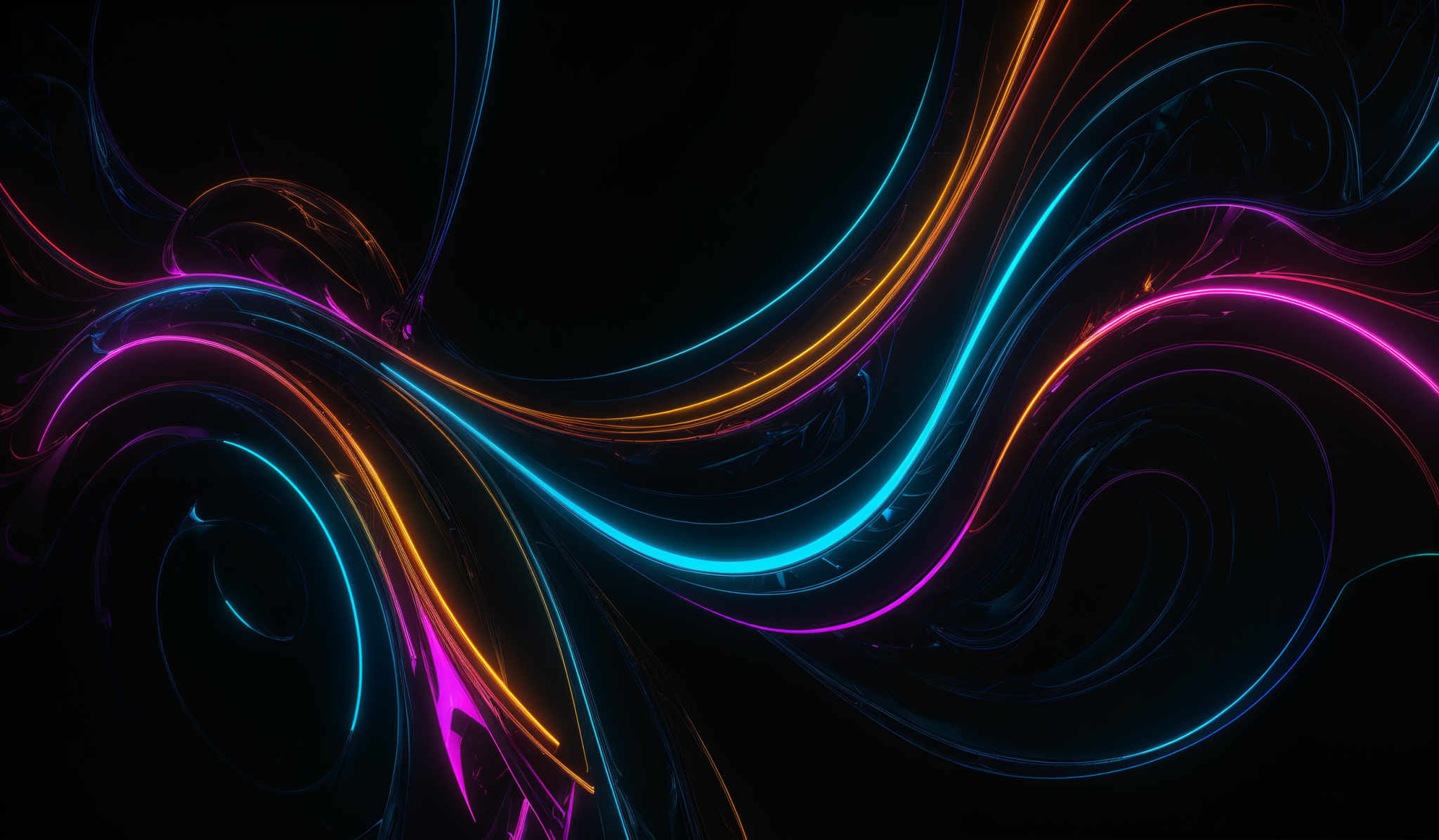 The image showcases a vibrant and dynamic abstract pattern. It features swirling lines and curves in a myriad of colors including blue, pink, orange, and purple. The shapes are fluid and organic, resembling flowing tendrils or streams of energy. The background is predominantly dark, which accentuates and contrasts the bright neon colors of the patterns.