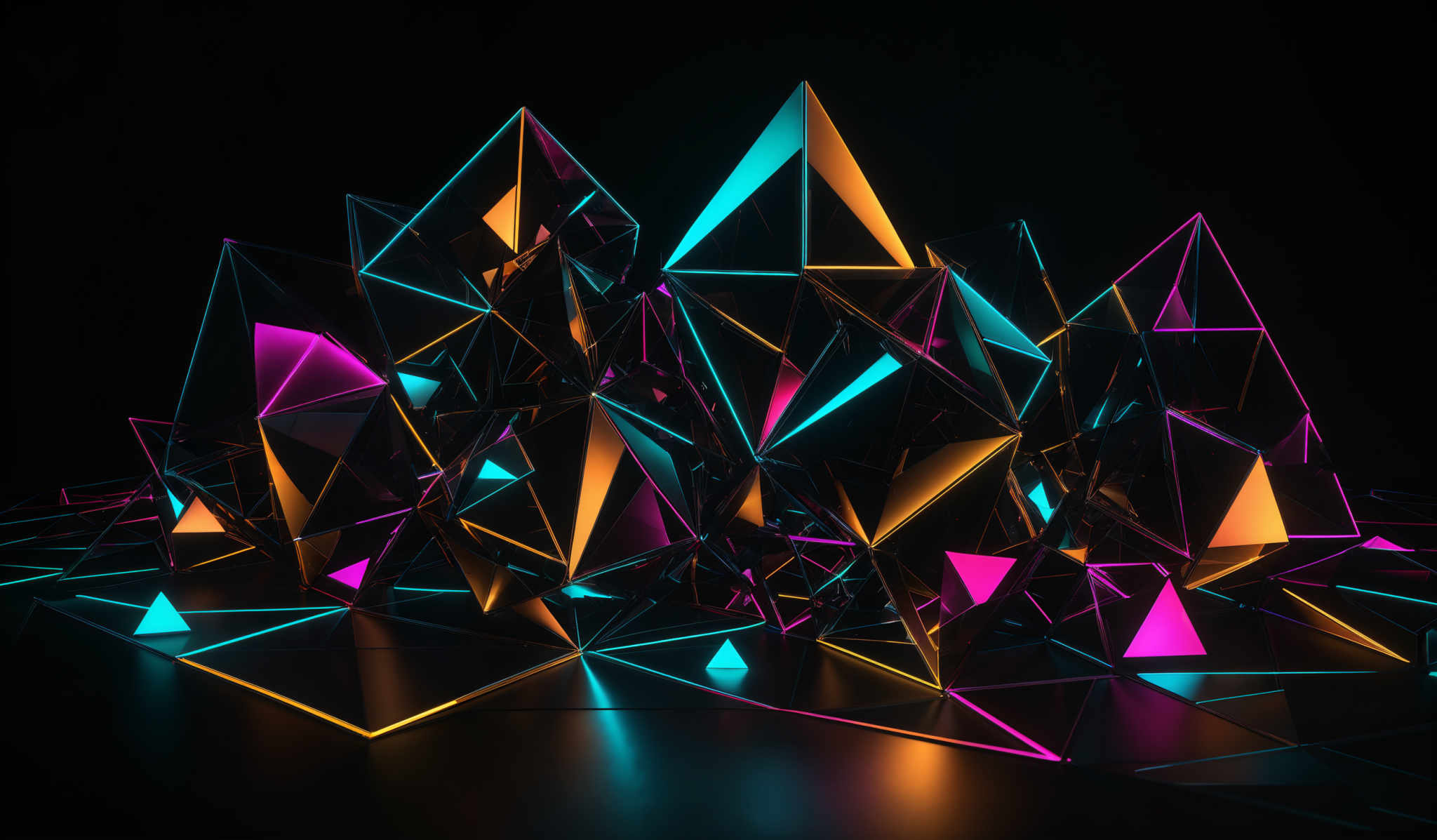 The image showcases a collection of geometric shapes, predominantly triangles, arranged in a chaotic yet structured manner. These triangles are illuminated with neon colors such as blue, pink, and yellow. The background is dark, which accentuates the vibrant colors of the triangles. The overall composition gives a futuristic and abstract vibe, reminiscent of a digital landscape or a scene from a sci-fi movie.