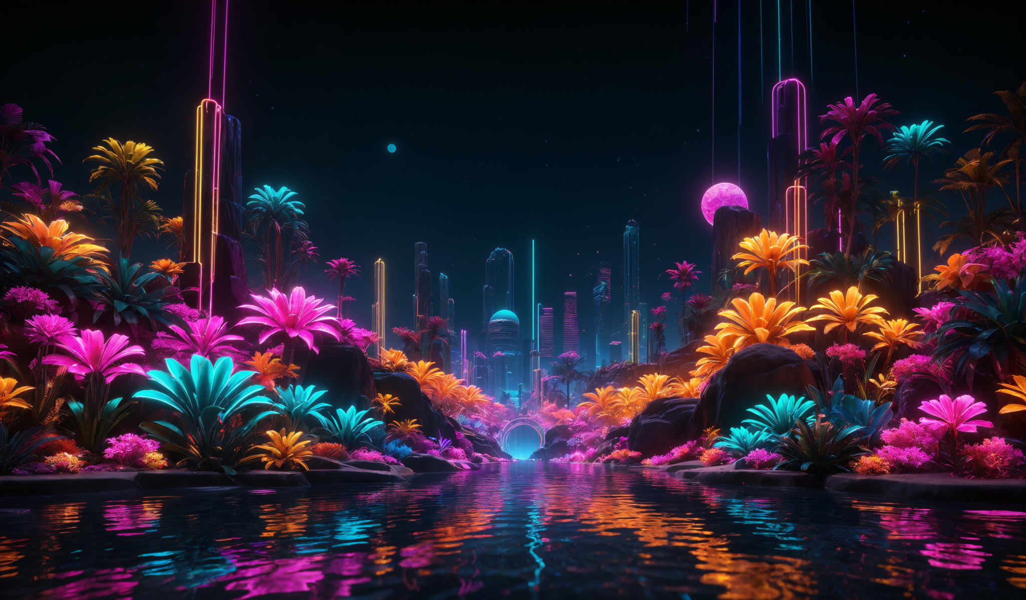 The image showcases a vibrant and futuristic landscape. The foreground features a serene body of water reflecting the surrounding flora and neon lights. The midground is dominated by a variety of colorful, luminescent plants, with hues of pink, blue, and orange. These plants are of different shapes, with some resembling palm trees and others having unique, abstract forms. The background reveals a futurist city skyline with tall, sleek skyscrapers emitting neon beams of light. The sky is dark, dotted with stars, and there's a large, glowing moon or planet. The overall ambiance is one of wonder, blending natural beauty with futurism.