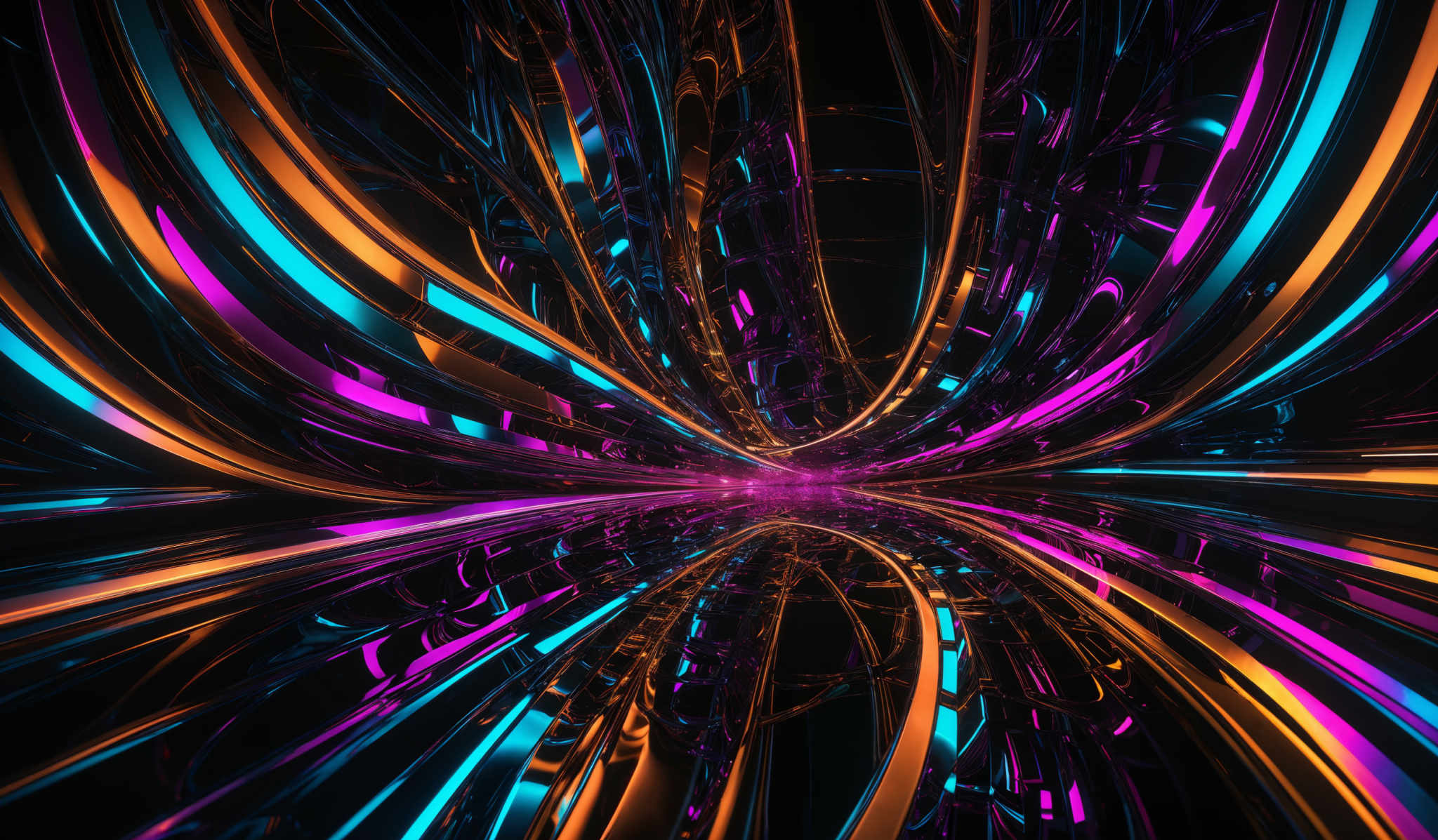 The image showcases a vibrant and intricate digital artwork. It features a myriad of colorful, curved lines and patterns that converge towards a central point. The dominant colors are shades of purple, blue, and gold. The lines are smooth and reflective, giving the image a glossy and dynamic appearance. The overall design gives a sense of depth and movement, as if the viewer is looking into a colorful and futuristic tunnel or portal.