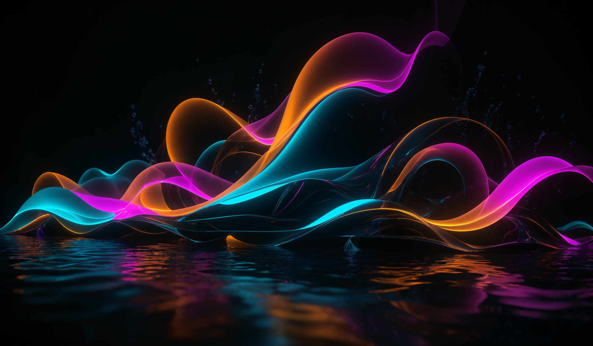 The image showcases vibrant and fluid-like shapes in a swirling pattern. The colors are predominantly neon shades of pink, blue, and orange, creating a mesmerizing contrast against a dark background. The shapes appear to be intertwined, forming waves and curves, and they are reflected on a water-like surface below, adding depth and dimension to the composition.