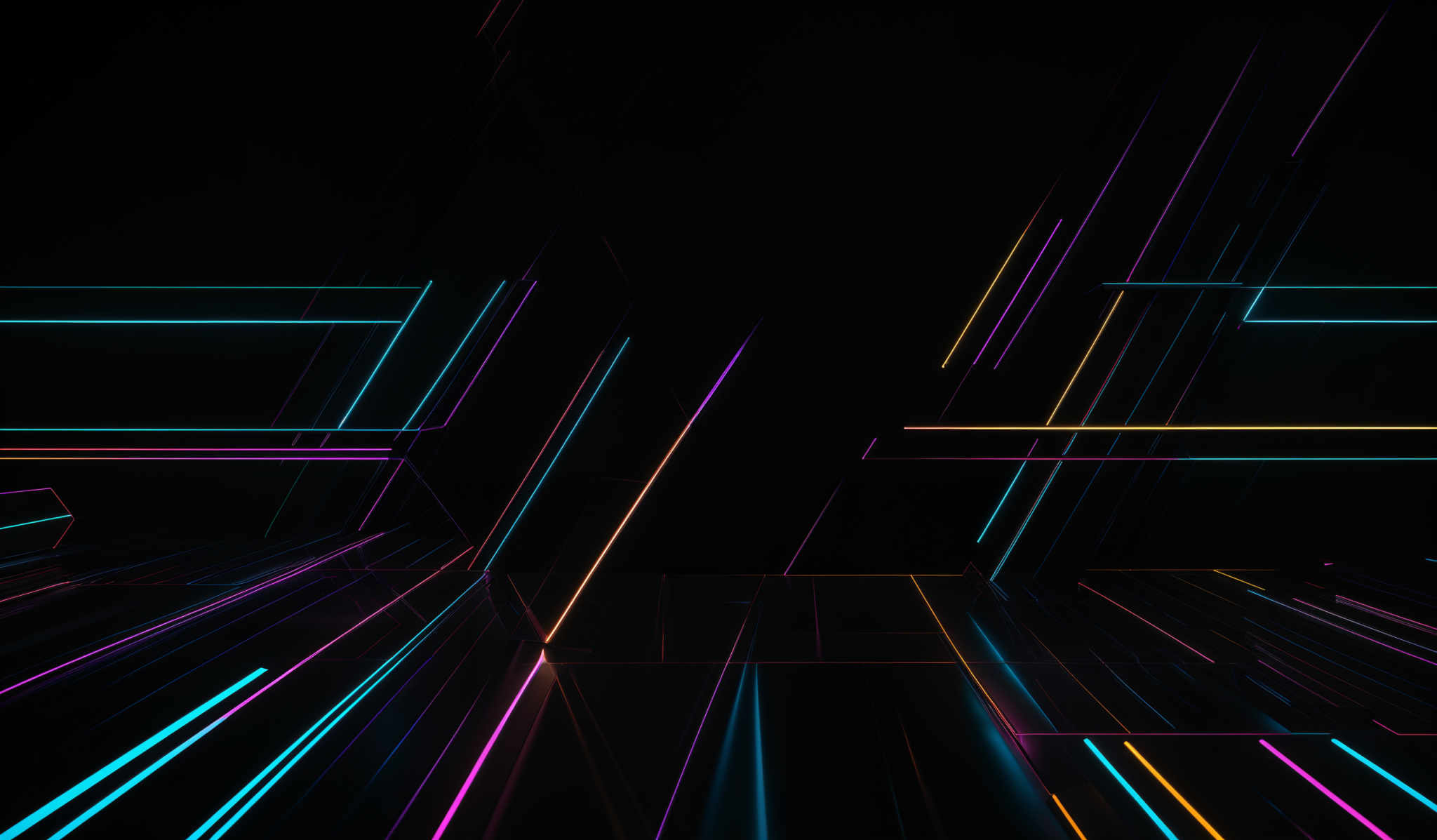 The image showcases a vibrant and dynamic scene with neon-like lines and shapes. The predominant colors are shades of blue, pink, and yellow. The lines are sharp and angular, creating a sense of movement and dynamism. They intersect and overlap in various directions, creating an intricate web of lines on a dark background. The overall effect is reminiscent of a futuristic or cyberpunk aesthetic.