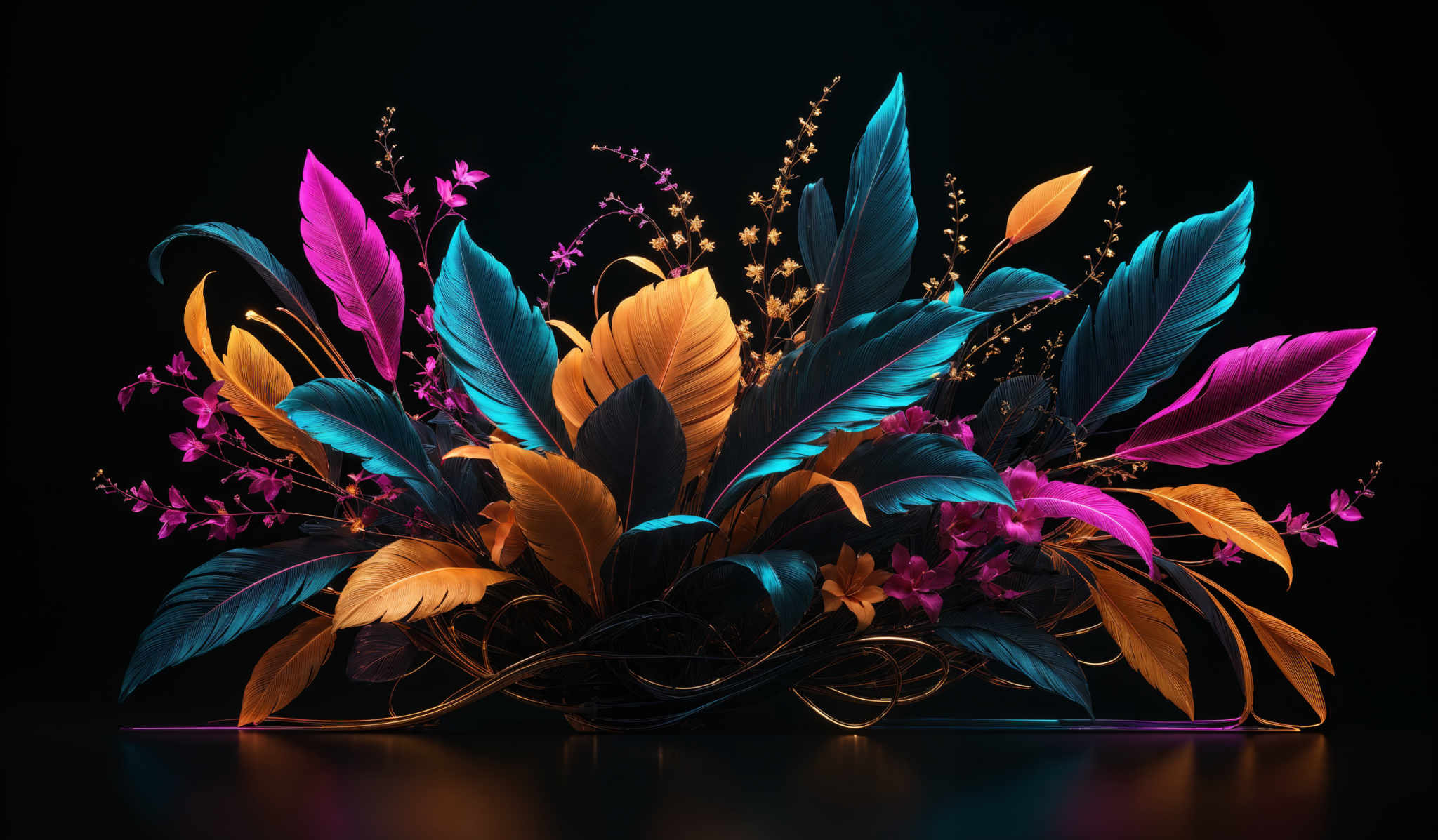 The image showcases a vibrant and artistic arrangement of leaves and flowers. The leaves are predominantly in shades of blue, orange, and pink, with some having a metallic sheen. They are intricately intertwined with each other, creating a dynamic and layered composition. The flowers, in contrast, are small and delicate, primarily in shade of pink and purple. They add a touch of softness to the overall composition. Overall, the image exudes a sense of elegance and nature's beauty, presented in a modern and abstract style.