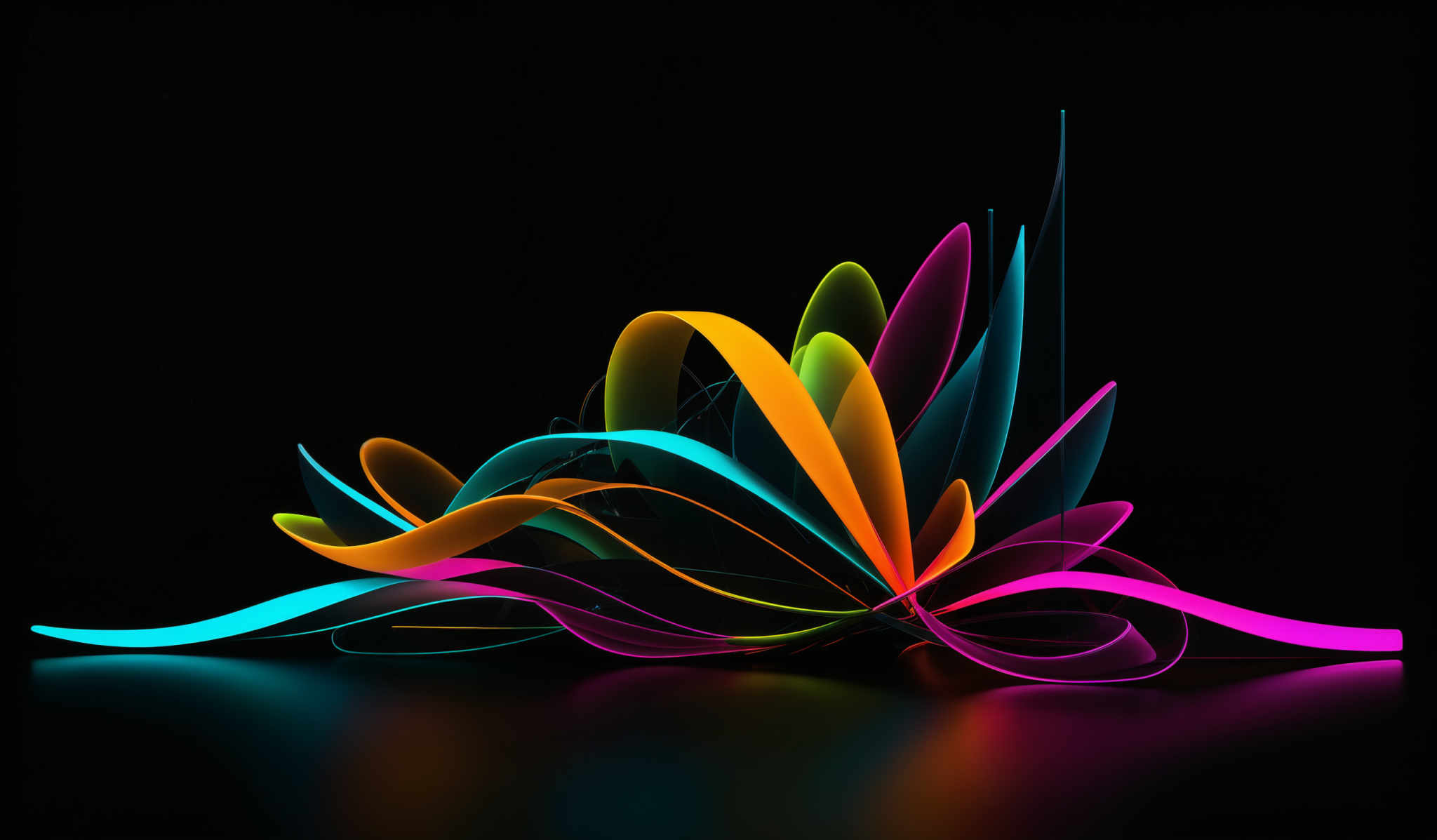 The image showcases a vibrant and abstract composition of intertwined ribbon-like structures in a myriad of colors. The colors range from deep blues and purples to bright neon hues of orange, yellow, and pink. The shapes are fluid and organic, resembling twisted and curled ribbons or tendrils. They are set against a dark background, which accentuates the vividness of the colors.